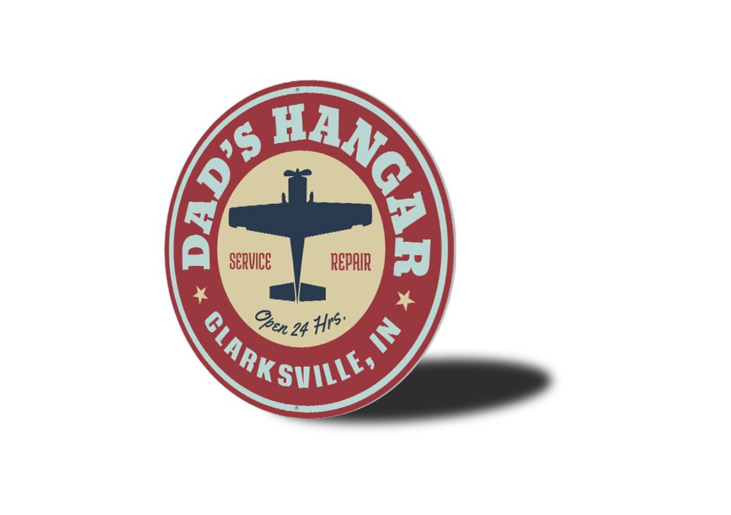 Dad's Hangar City State Sign made of durable aluminum, featuring customizable text and pre-drilled holes for easy mounting.