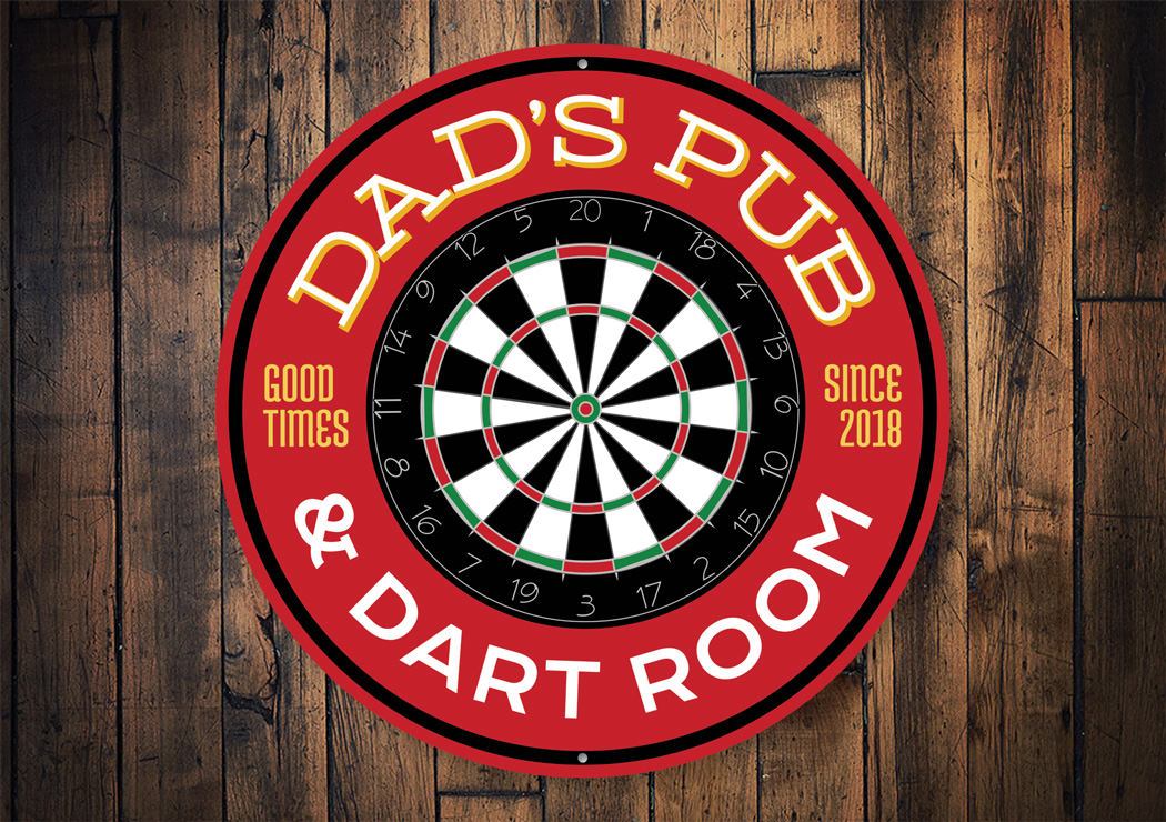 Dad's Pub and Dart Room Est. Sign made of high-quality aluminum, featuring customizable text and pre-drilled holes for easy mounting.