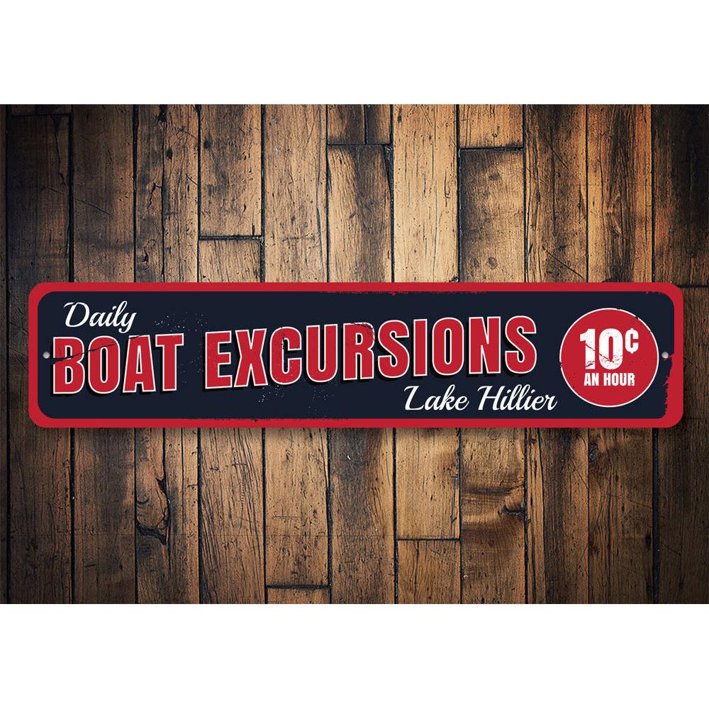 Custom Daily Boat Excursions sign made of durable aluminum, featuring personalized text, perfect for lakehouse decor.