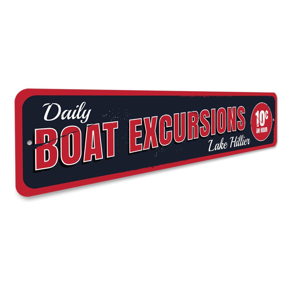 Custom Daily Boat Excursions sign made of durable aluminum, featuring personalized text, perfect for lakehouse decor.