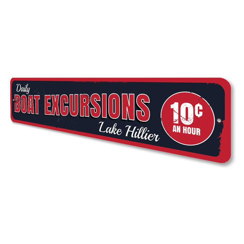 Custom Daily Boat Excursions sign made of durable aluminum, featuring personalized text, perfect for lakehouse decor.