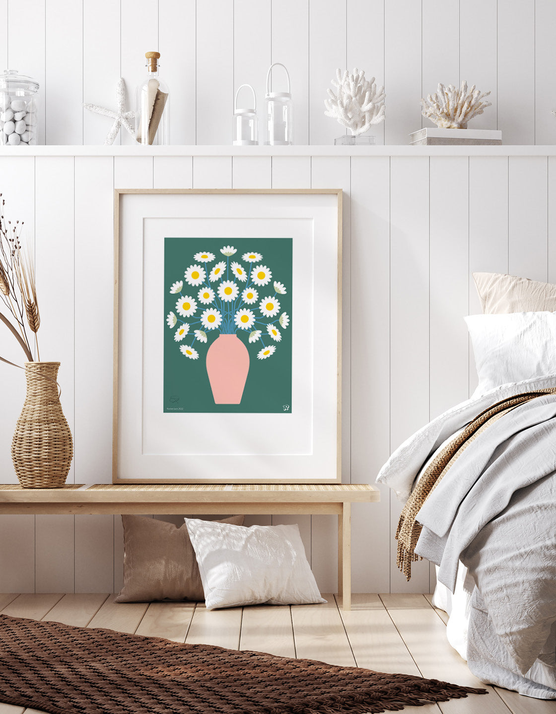 A vibrant illustration of daisies inspired by vintage flower market posters, showcasing intricate details and bright colors.