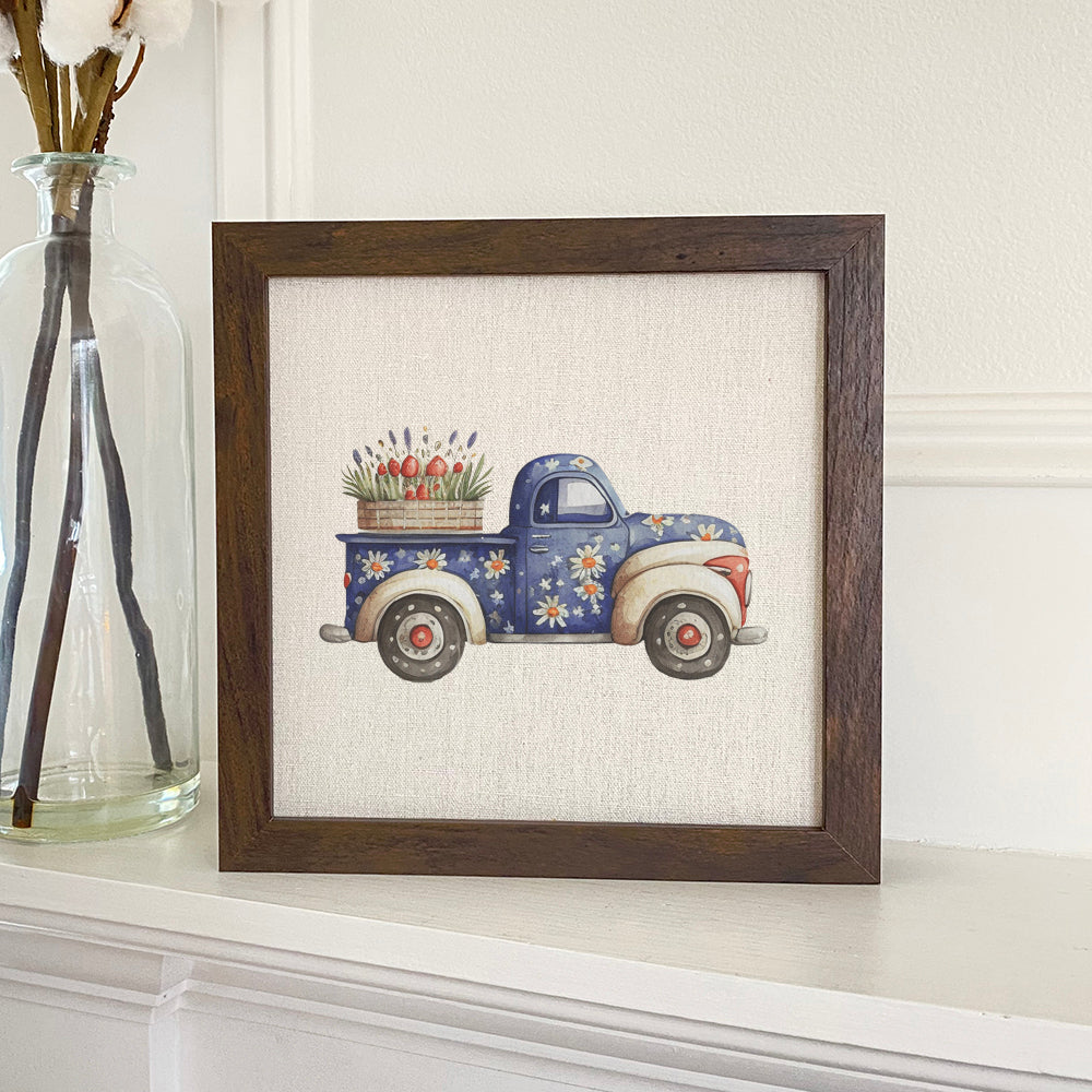 Daisy Farmhouse Truck framed sign with a stylized wood frame and linen-look background, perfect for home decor.