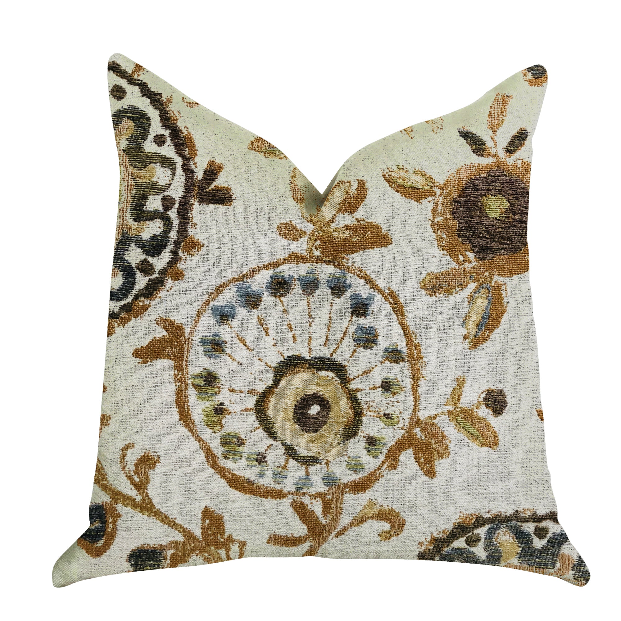 Daliani Floral Luxury Throw Pillow featuring a vibrant floral design in brown, beige, and green, with a soft polyester fabric and invisible zipper.