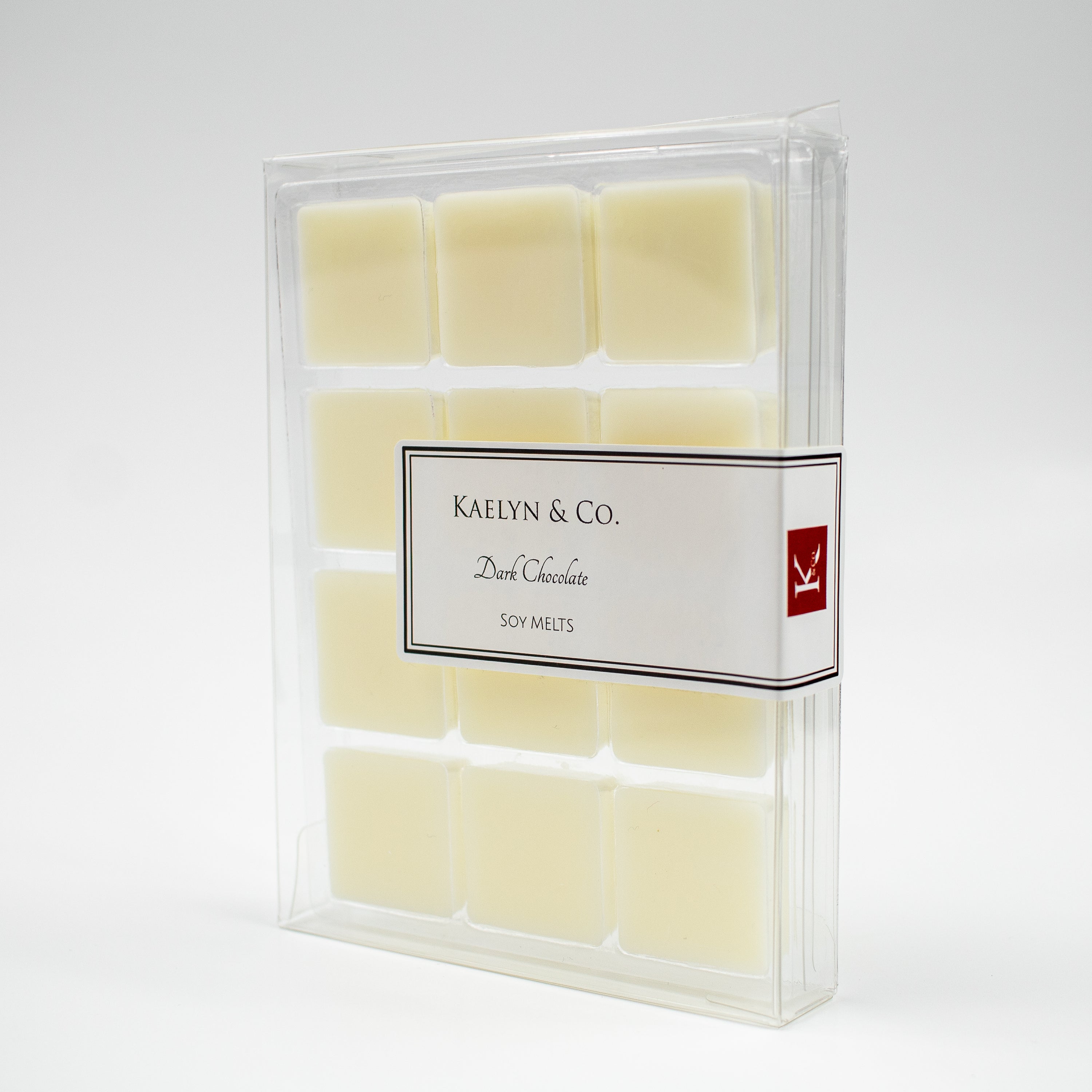 A pack of Dark Chocolate Soy Wax Melts featuring twelve cubes, showcasing a rich dark chocolate scent.