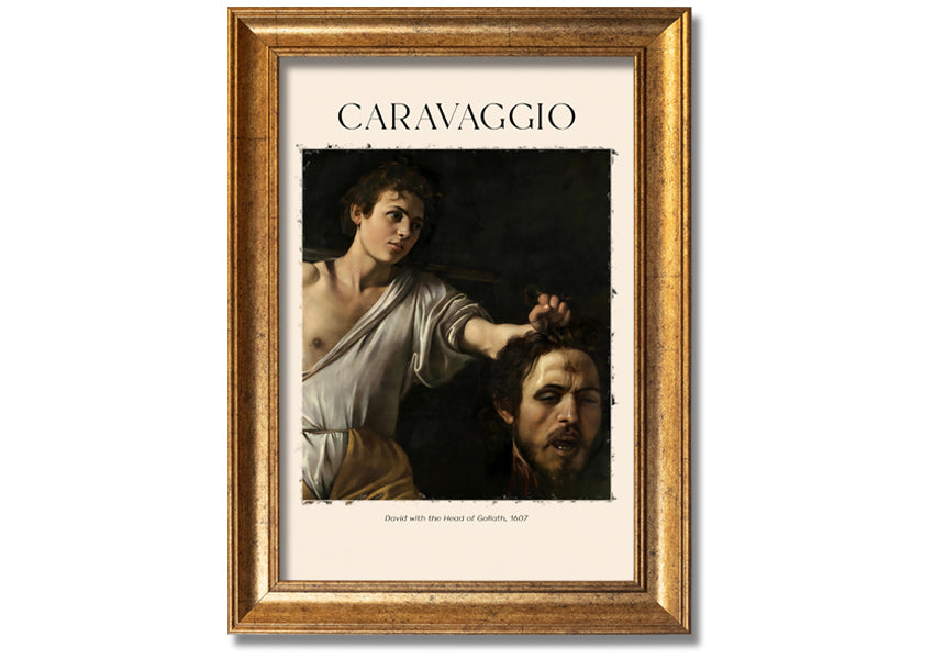 A canvas print of Caravaggio's David With The Head Of Goliath, showcasing vibrant colors and intricate details, mounted on a box frame.
