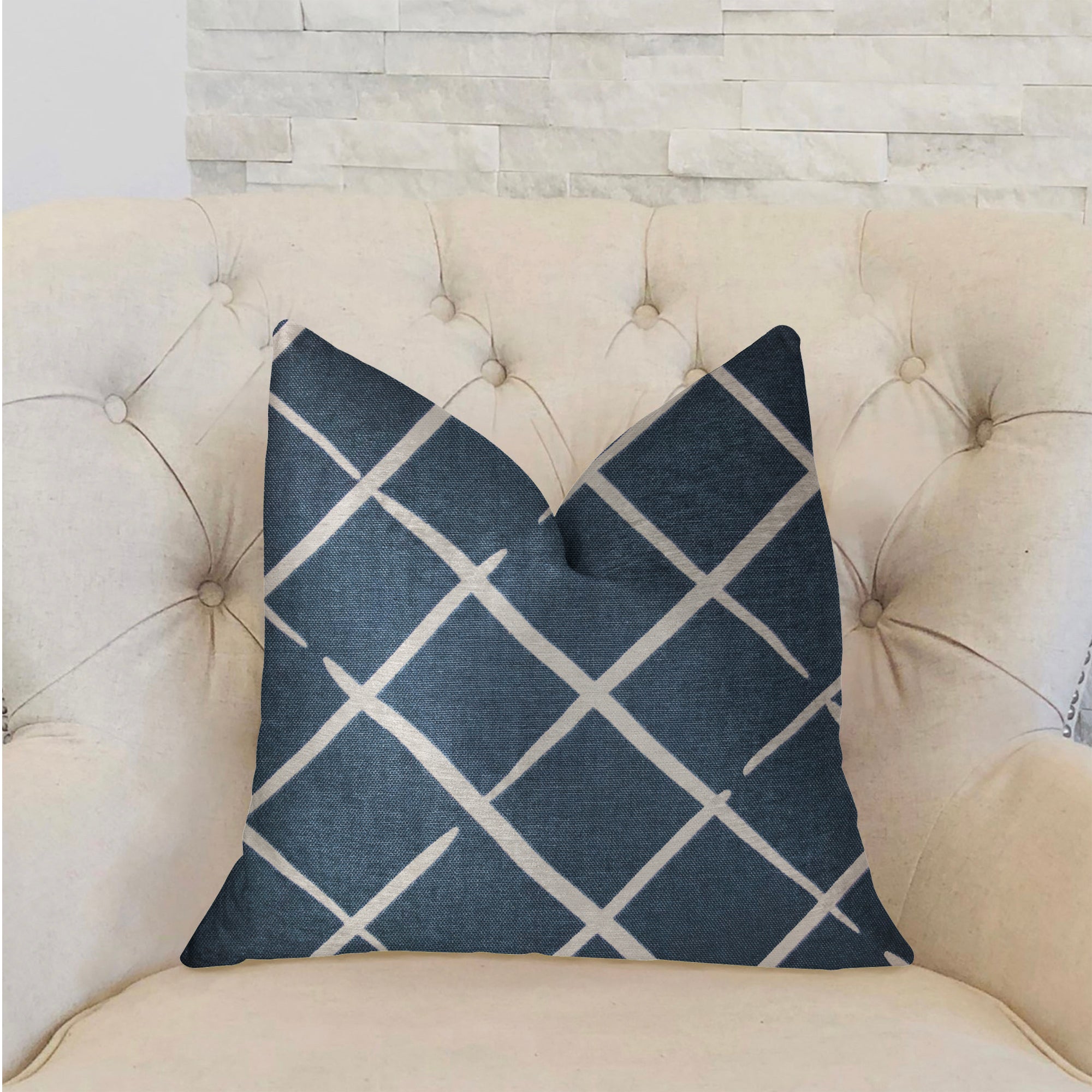 DaVinci Blue and White Luxury Throw Pillow featuring a geometric pattern, handmade in the USA with a soft cotton fabric and invisible zipper.