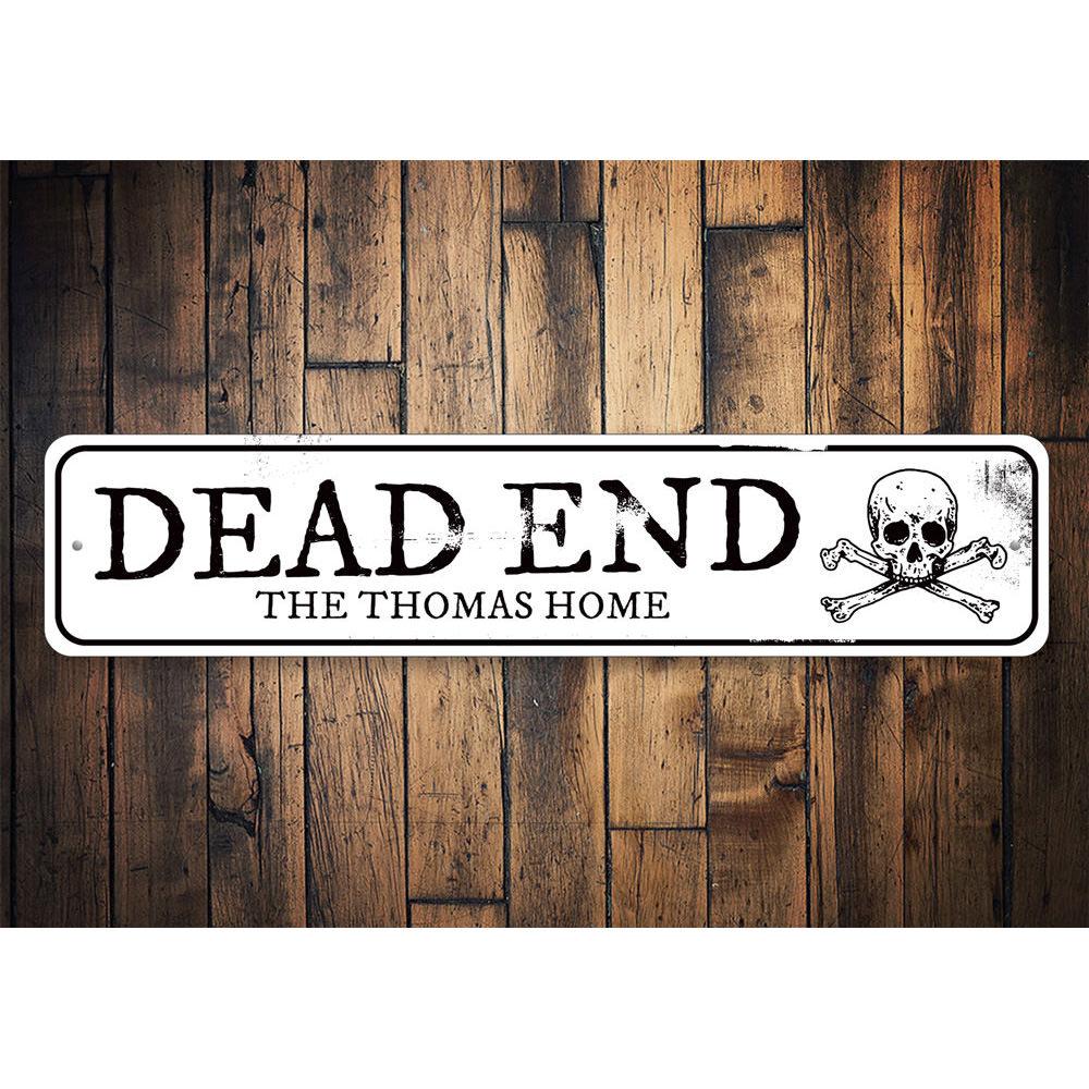 A spooky Dead End Sign made of high-quality aluminum, perfect for Halloween decorations, featuring eerie graphics and customizable text options.