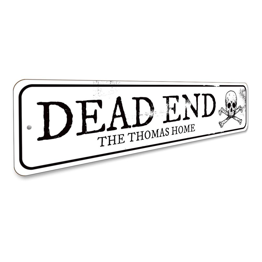 A spooky Dead End Sign made of high-quality aluminum, perfect for Halloween decorations, featuring eerie graphics and customizable text options.