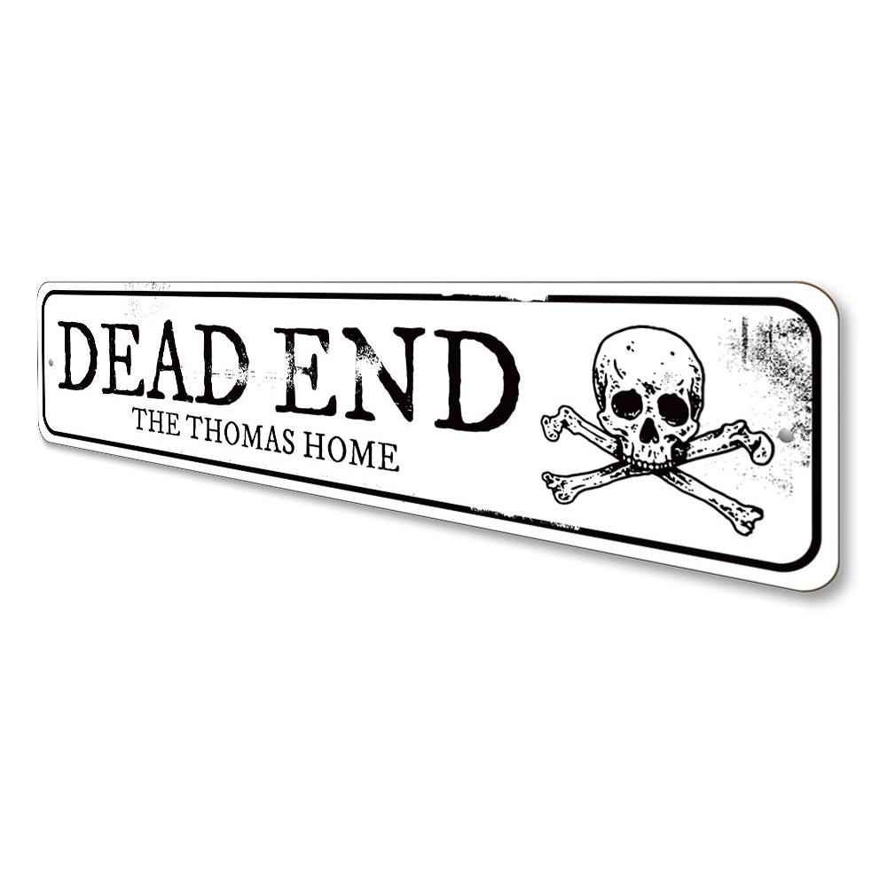 A spooky Dead End Sign made of high-quality aluminum, perfect for Halloween decorations, featuring eerie graphics and customizable text options.