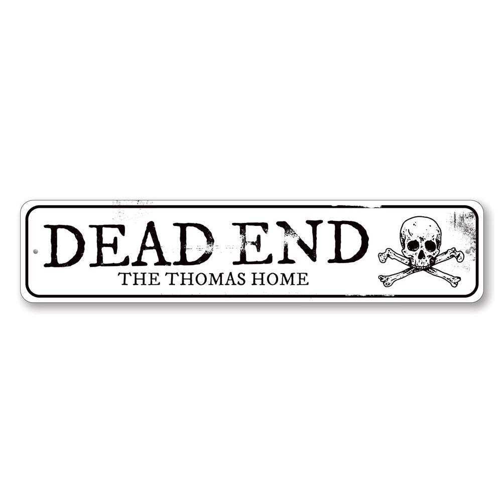 A spooky Dead End Sign made of high-quality aluminum, perfect for Halloween decorations, featuring eerie graphics and customizable text options.