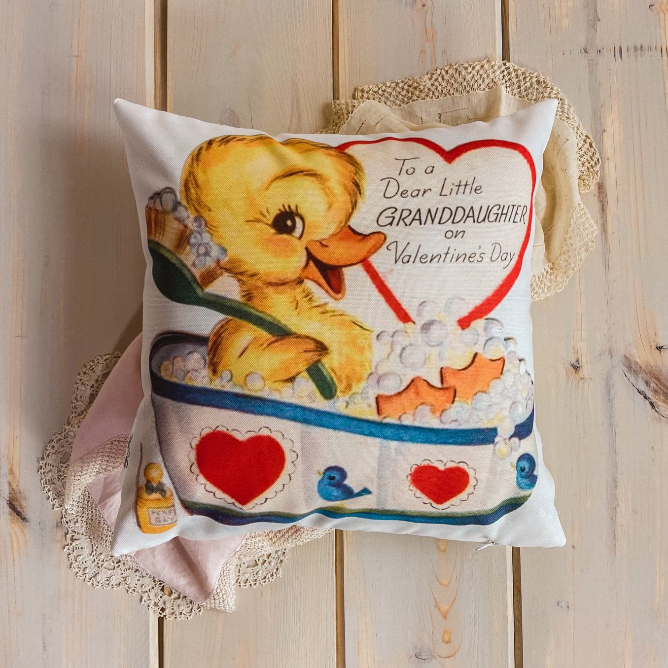Dear Granddaughter Valentine's Pillow Cover featuring vintage card design, handmade in America, available in various sizes.
