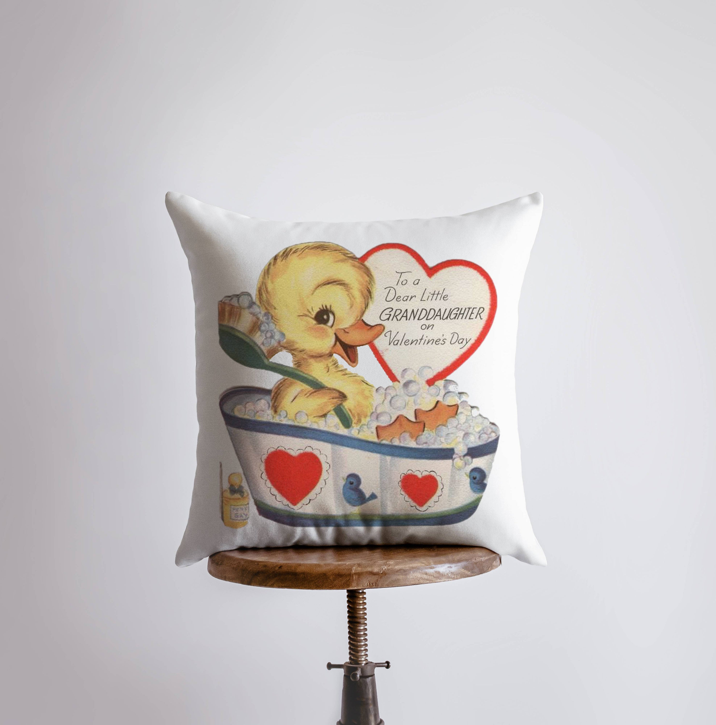 Dear Granddaughter Valentine's Pillow Cover featuring vintage card design, handmade in America, available in various sizes.