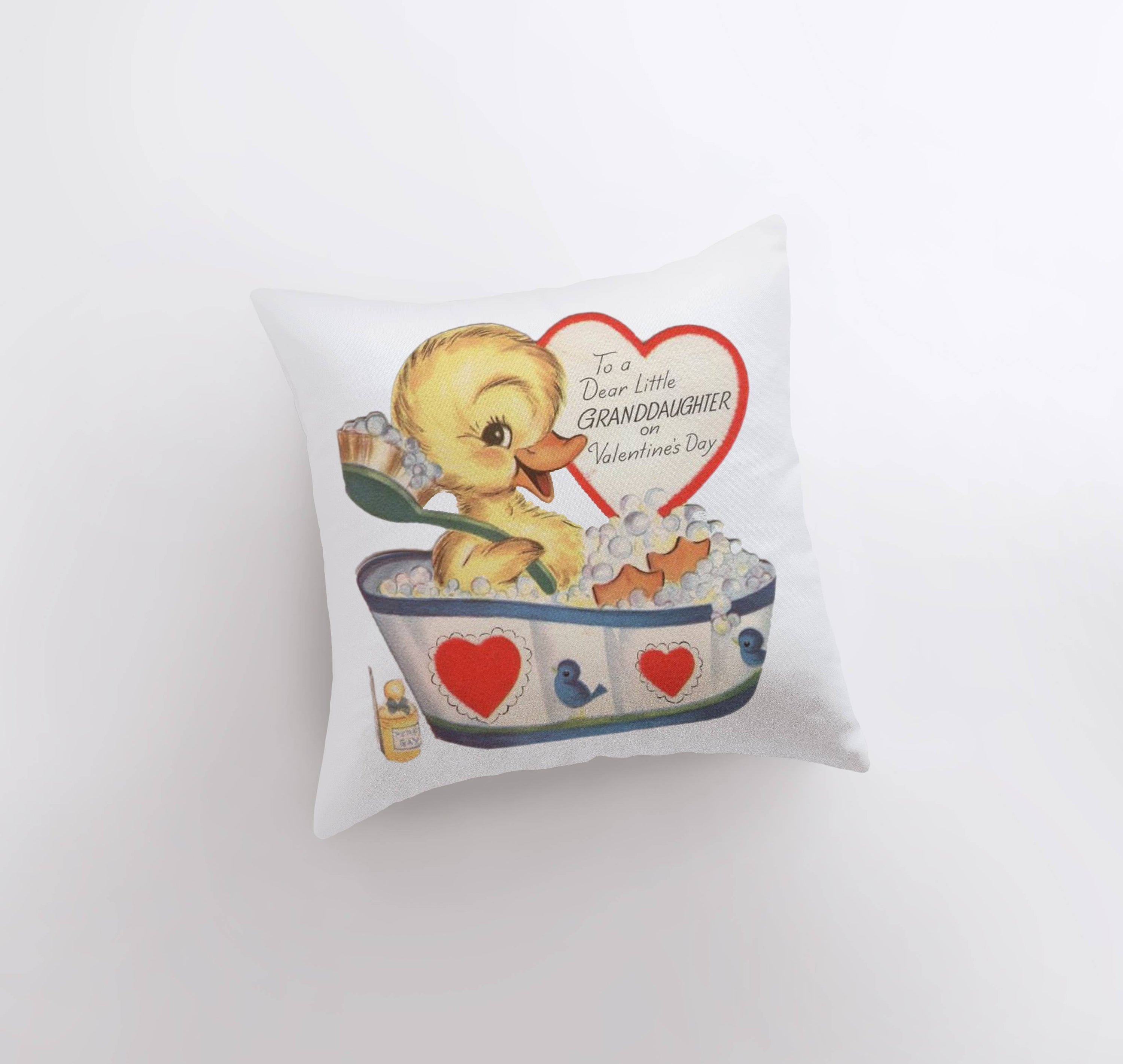 Dear Granddaughter Valentine's Pillow Cover featuring vintage card design, handmade in America, available in various sizes.