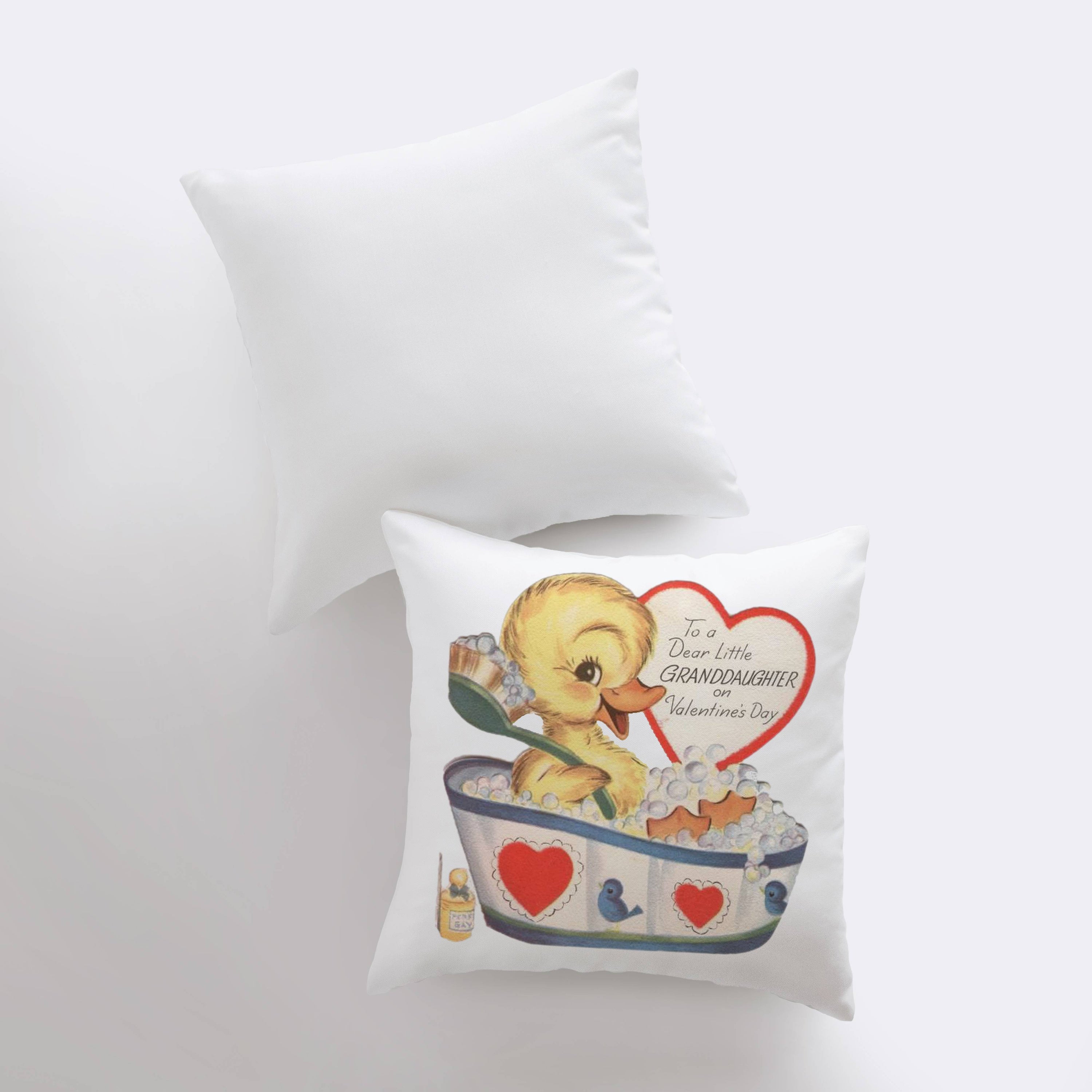 Dear Granddaughter Valentine's Pillow Cover featuring vintage card design, handmade in America, available in various sizes.