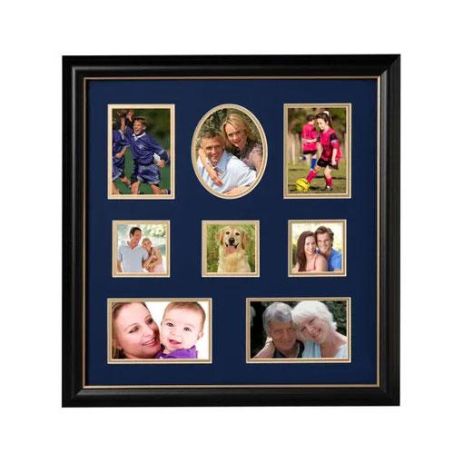 Decorative 16-Inch by 17-Inch Collage Picture Frame with eight openings, featuring a black wood frame and dark blue matting with gold trim.