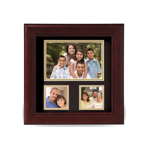 Decorative 8-Inch by 8-Inch Collage 3-Picture Frame with mahogany finish and elegant matting, displaying three photo openings.
