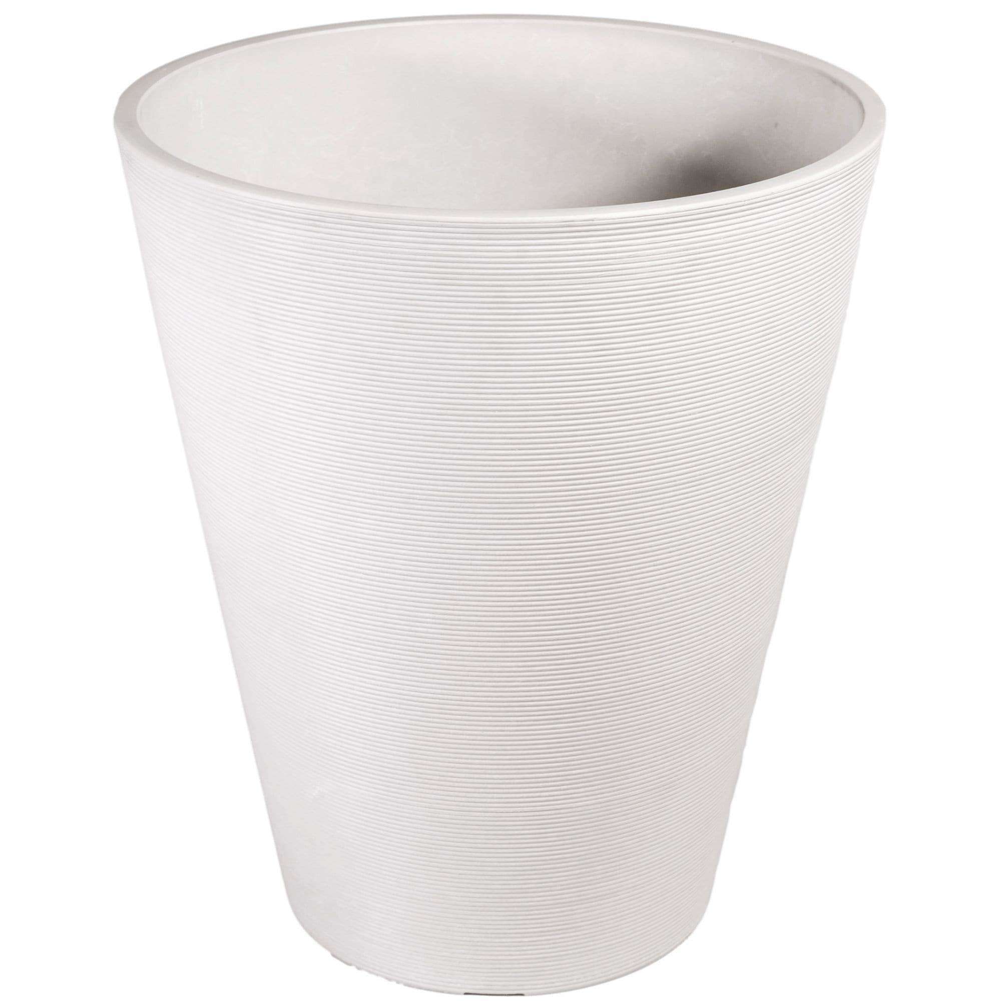 A modern decorative textured round white planter, 47cm tall, made from recycled materials, showcasing a stylish design suitable for indoor and outdoor use.