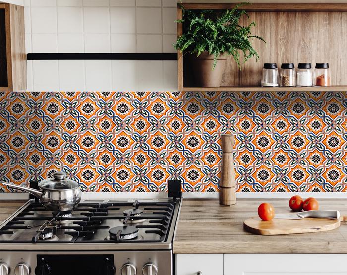 A colorful set of 24 decorative peel and stick tile stickers, showcasing various unique designs inspired by traditional tiles.