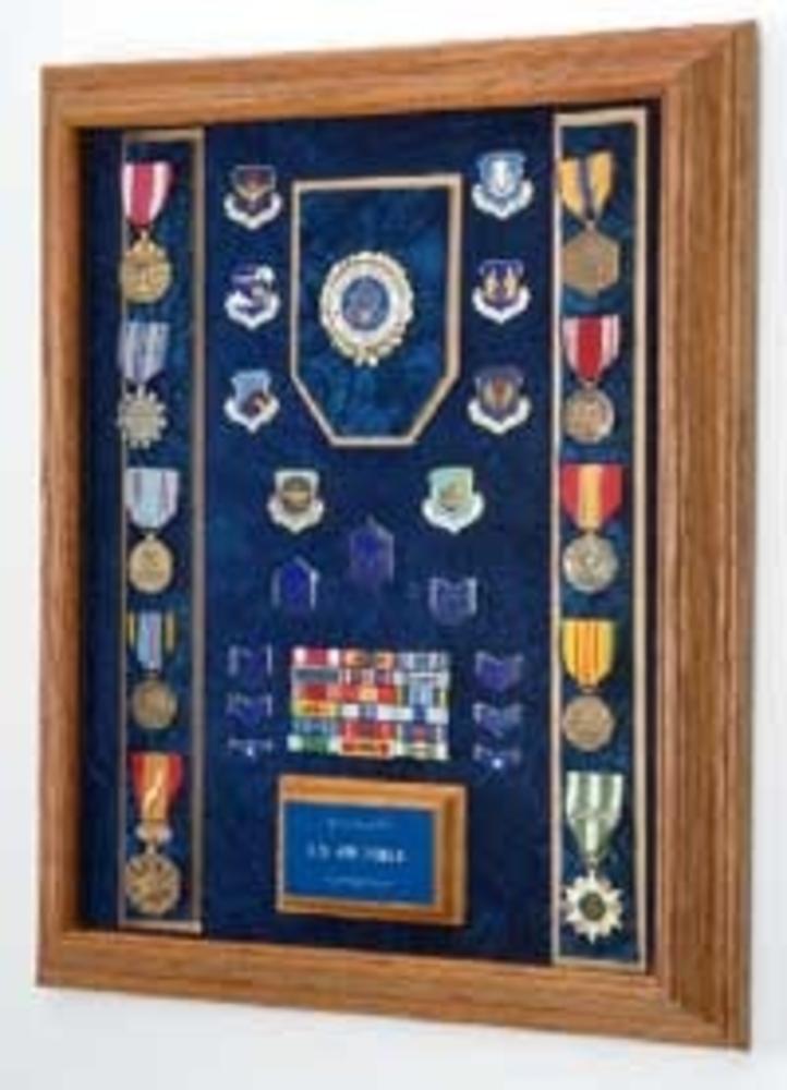 Deluxe Awards Display Case made of solid oak or walnut, showcasing military medals and awards.