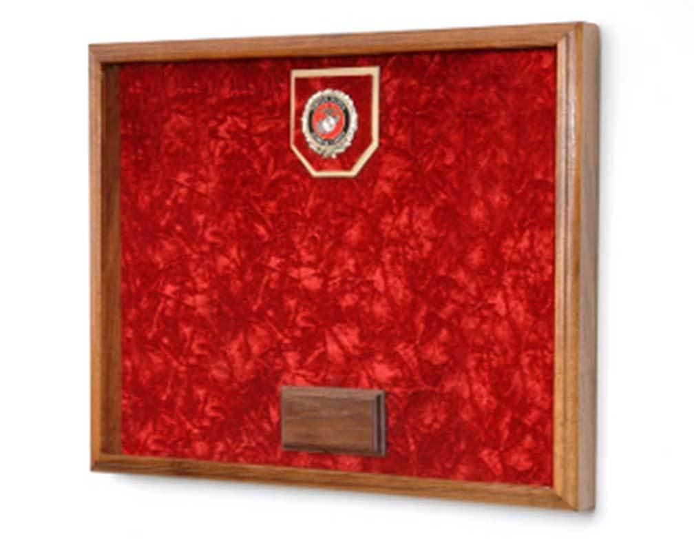 Deluxe Awards Display Case featuring an embossed emblem, showcasing military medals and awards in an elegant shadow box.