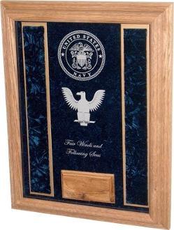 Deluxe Awards Display Case showcasing military medals and awards in a solid oak frame with crushed velvet interior.
