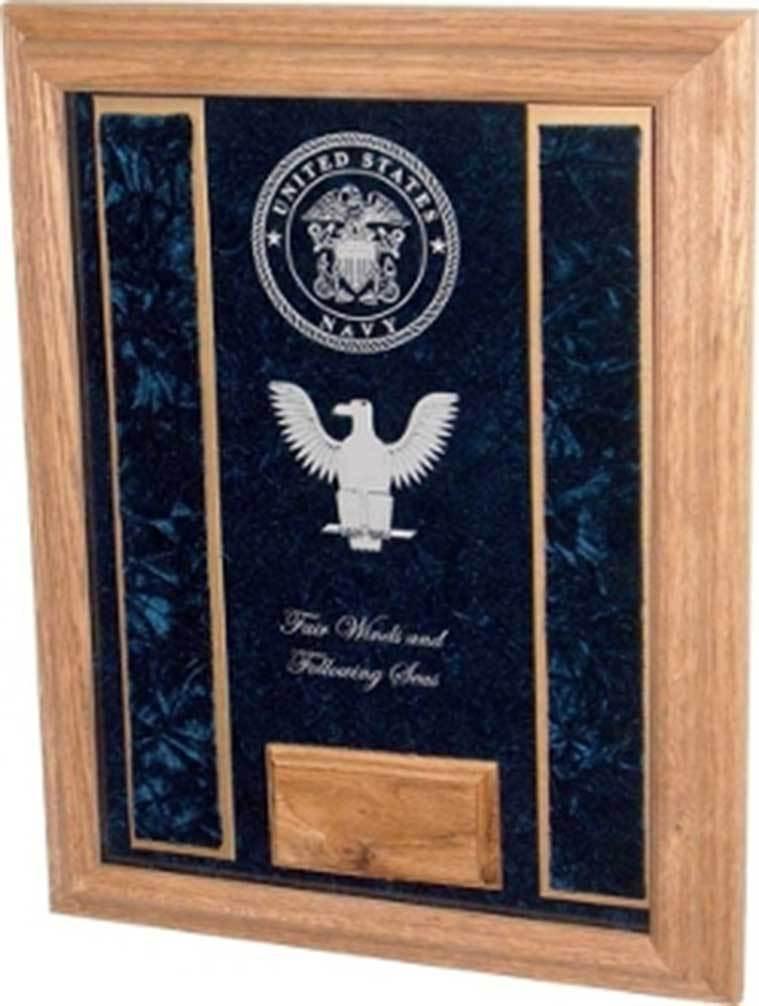 Deluxe Awards Display Case showcasing military medals and awards in a solid oak frame with crushed velvet interior.