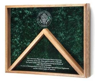 Deluxe Combo Awards Flag Display Case made of solid oak with glass front and crushed velvet background, showcasing military medals and a folded flag.