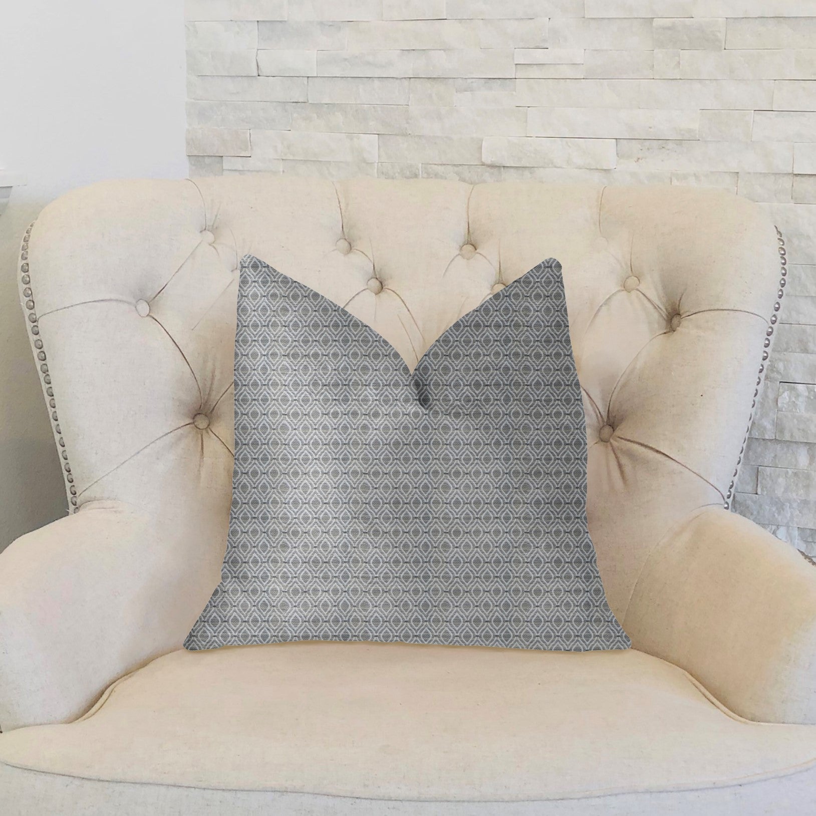 Deluxe Rockland Beige and Silver Luxury Throw Pillow featuring a geometric pattern and invisible zipper, handmade in the USA.