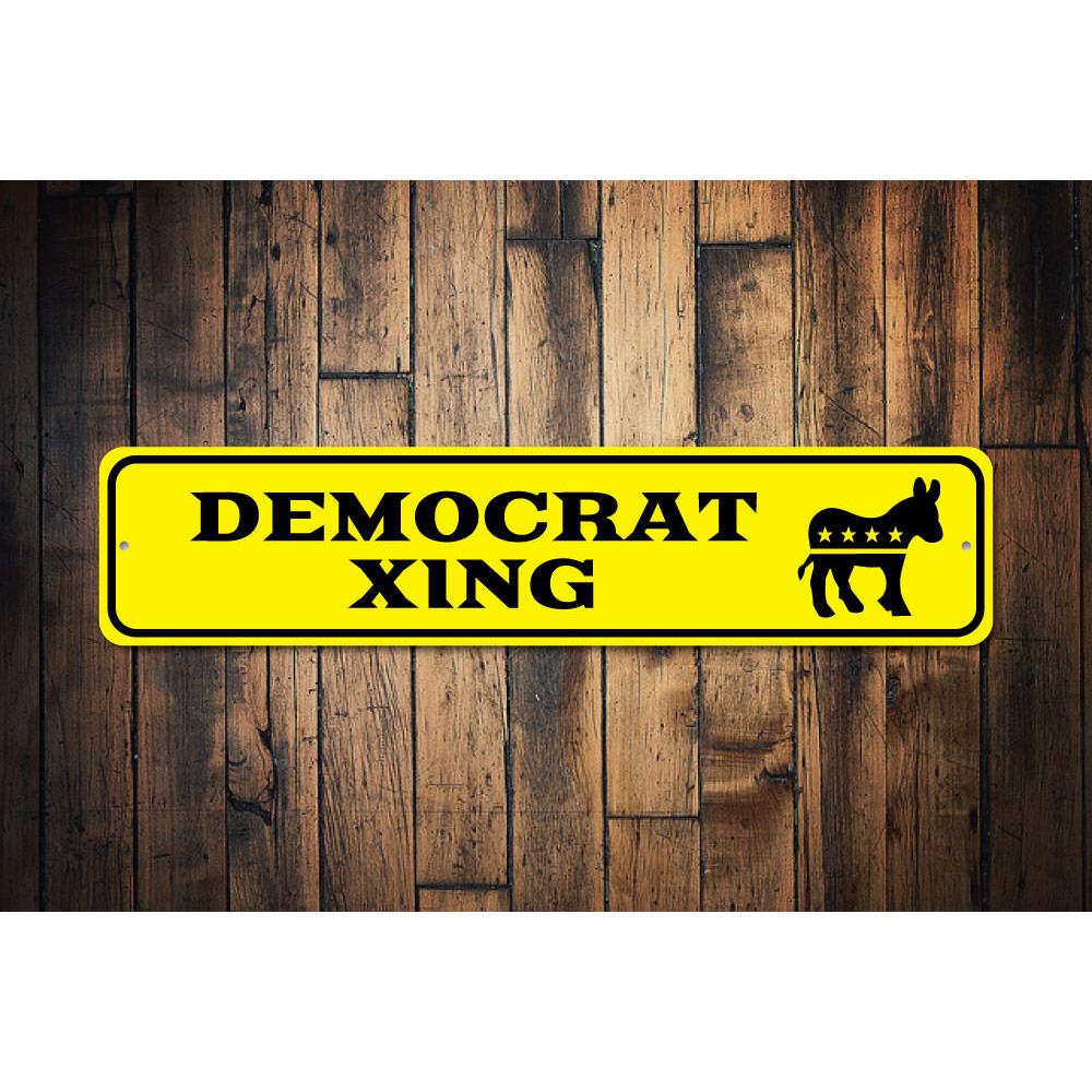 A vibrant Democrat Crossing Sign made of durable aluminum, featuring customizable text options, ideal for indoor and outdoor display.