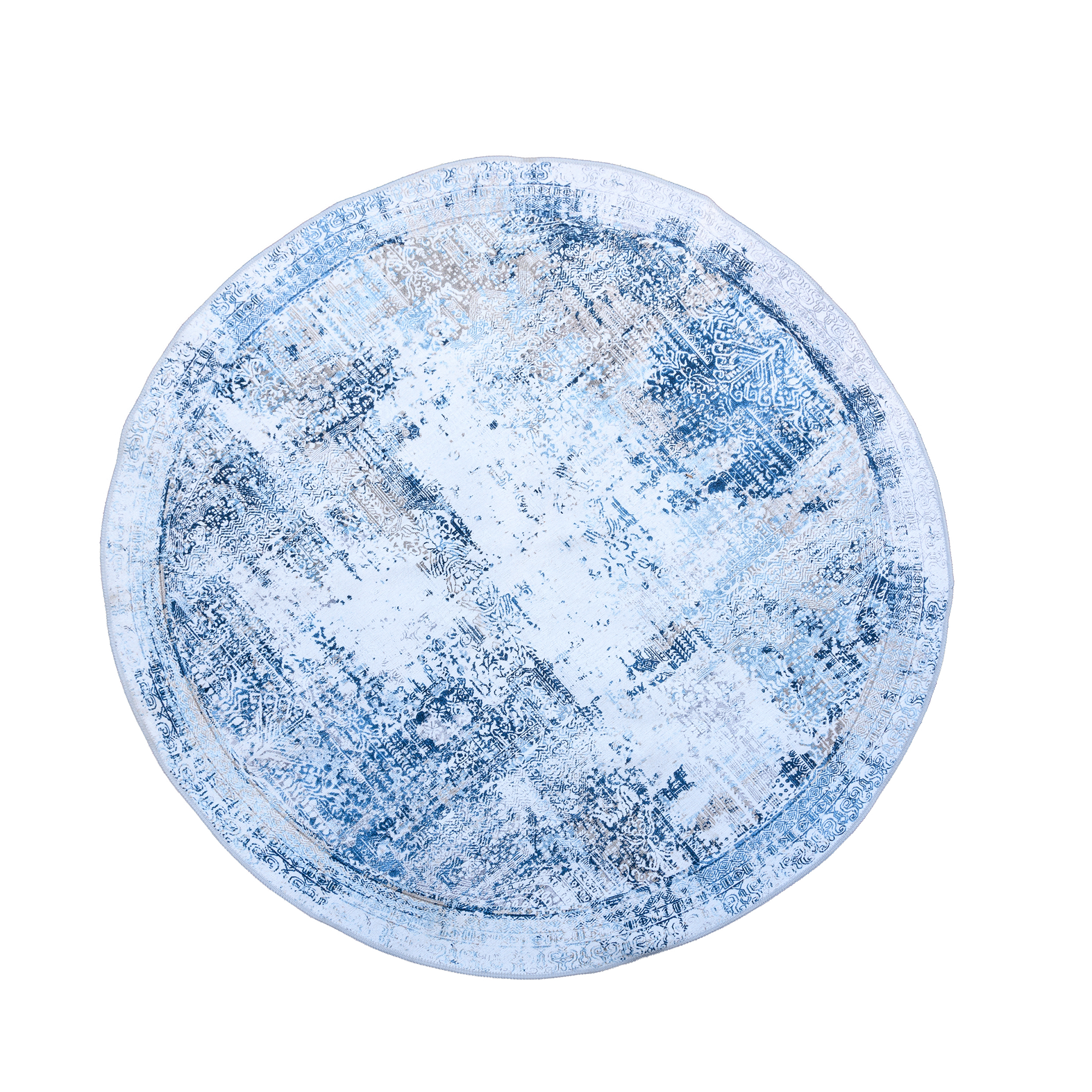 Deniza Rug featuring Mediterranean-inspired design in blue and aqua tones, showcasing a weathered and vintage look.