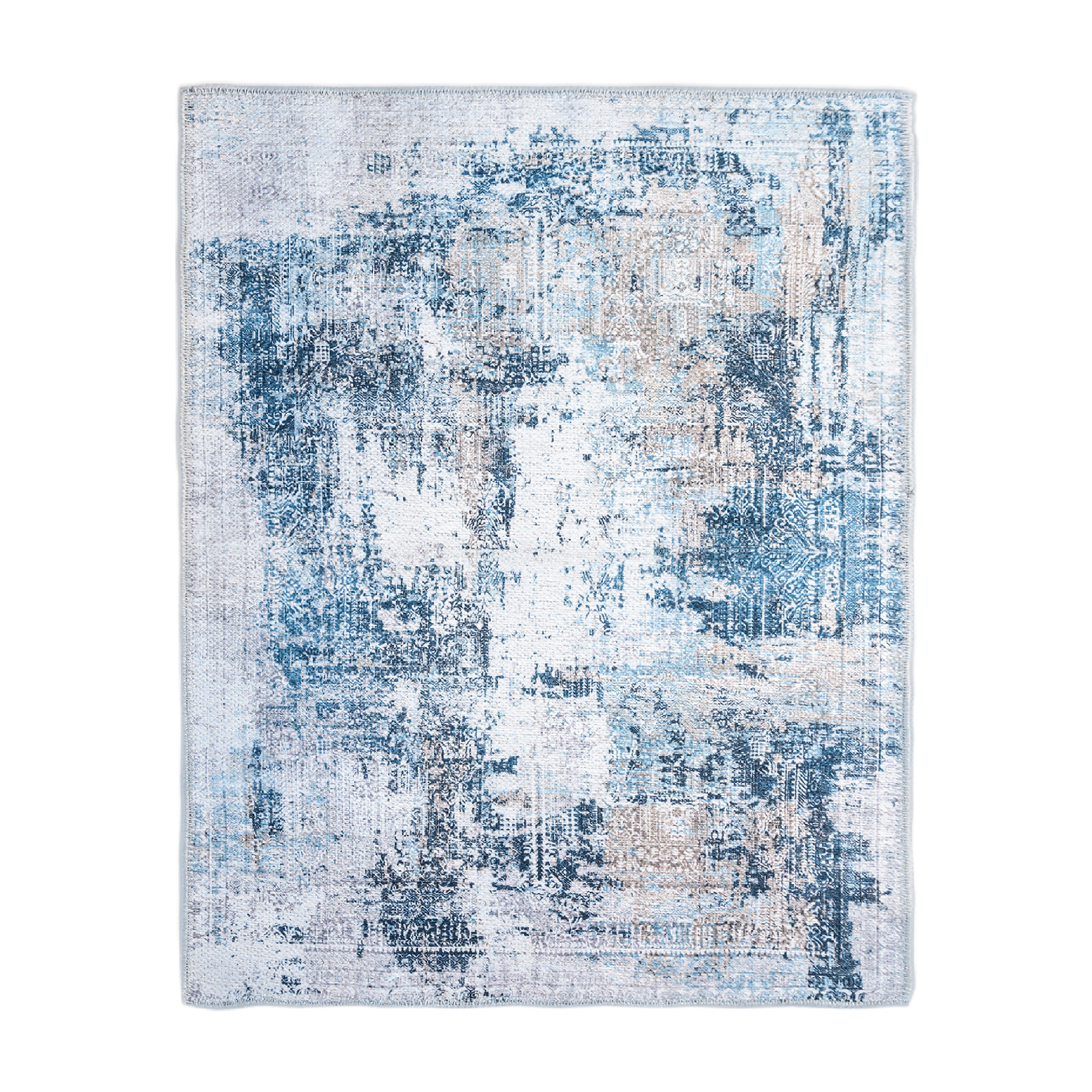 Deniza Rug featuring Mediterranean-inspired design in blue and aqua tones, showcasing a weathered and vintage look.