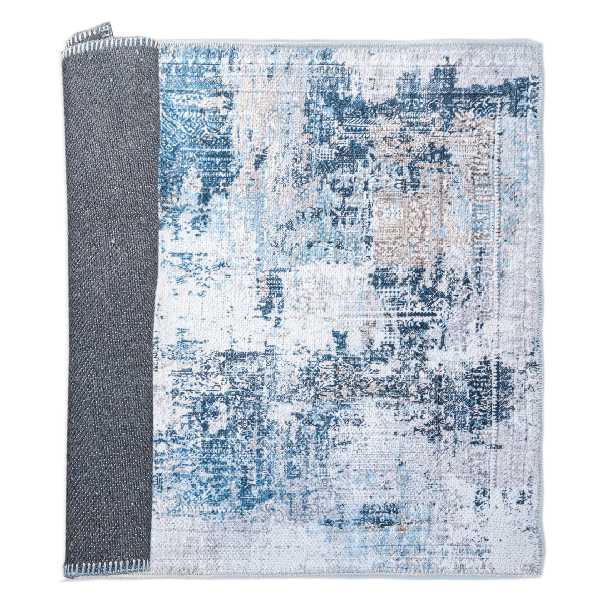 Deniza Rug featuring Mediterranean-inspired design in blue and aqua tones, showcasing a weathered and vintage look.