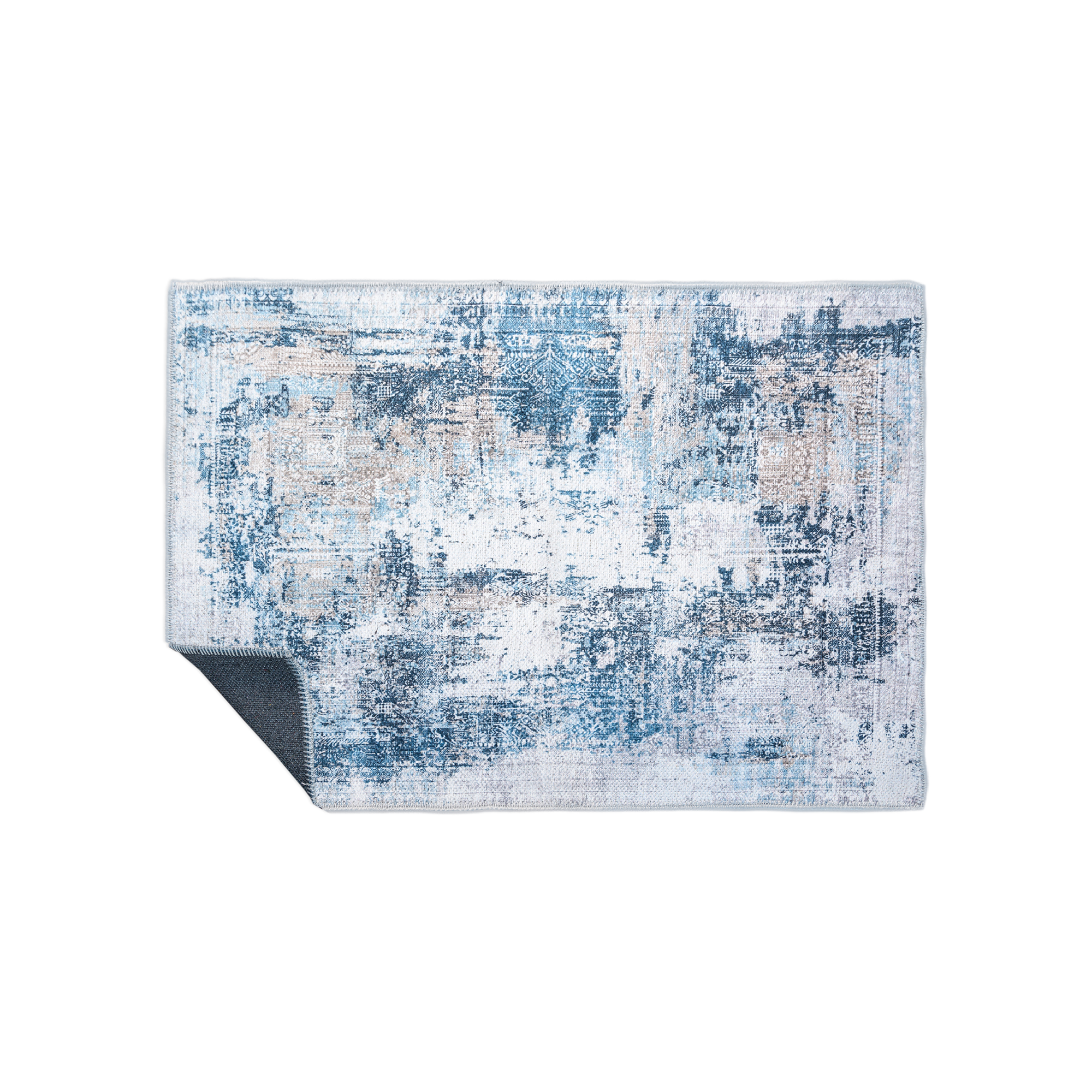 Deniza Rug featuring Mediterranean-inspired design in blue and aqua tones, showcasing a weathered and vintage look.