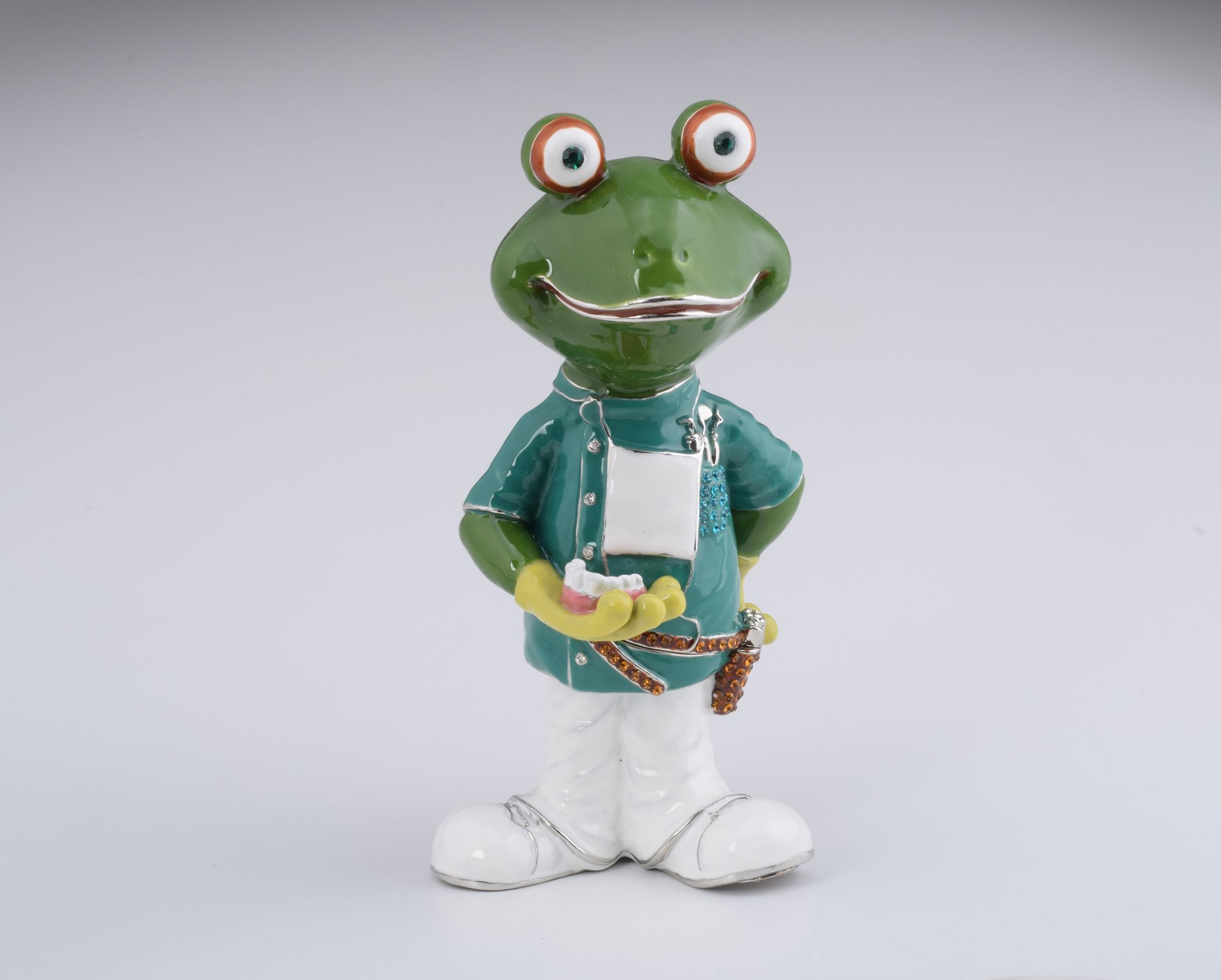 Handmade Dentist Frog trinket box with enamel painting and Austrian crystals, elegantly plated with 925 silver.