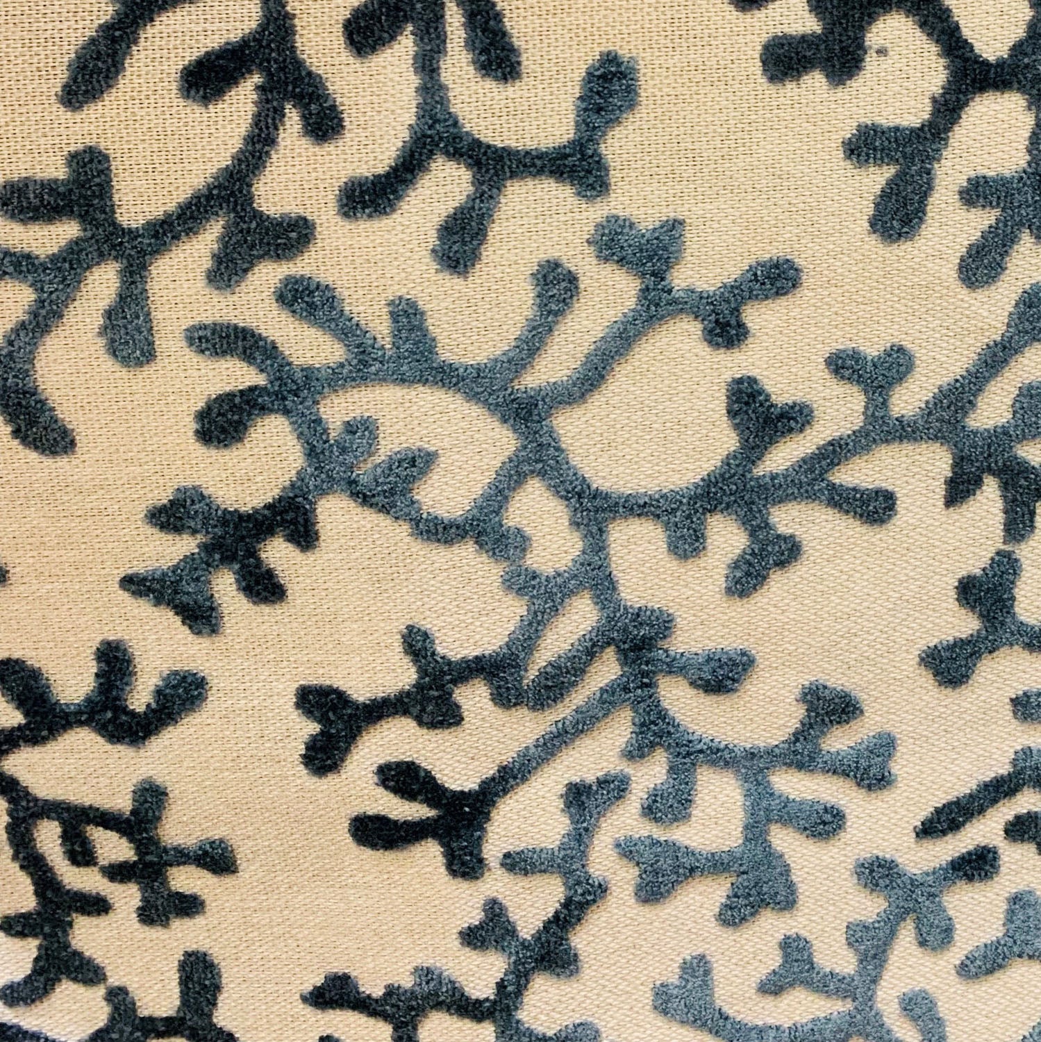 Deep Blue Reef Blue and cream floral luxury throw pillow with handcrafted fabric and invisible zipper, showcasing a sophisticated design.