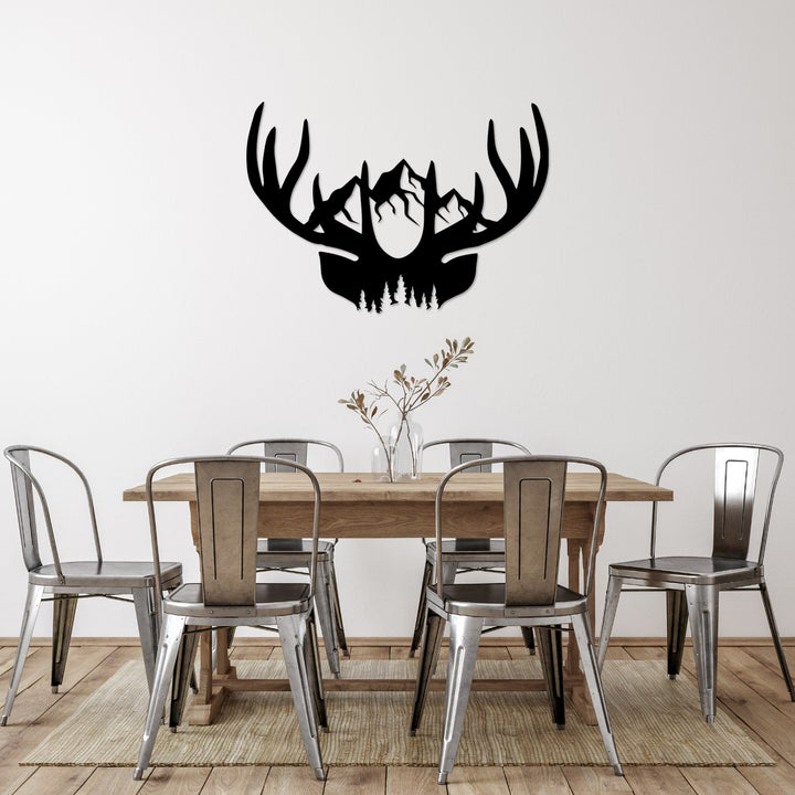 Deer Antler Mountains metal wall art showcasing intricate design and high-quality steel finish.