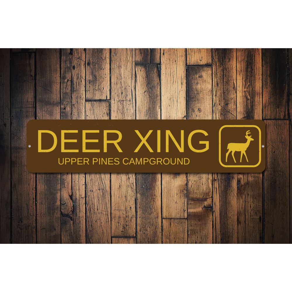 Deer Crossing Trail Sign made of high-quality aluminum, featuring a rustic design suitable for indoor and outdoor decor.