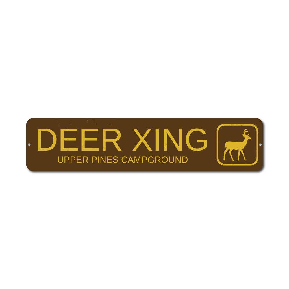 Deer Crossing Trail Sign made of high-quality aluminum, featuring a rustic design suitable for indoor and outdoor decor.