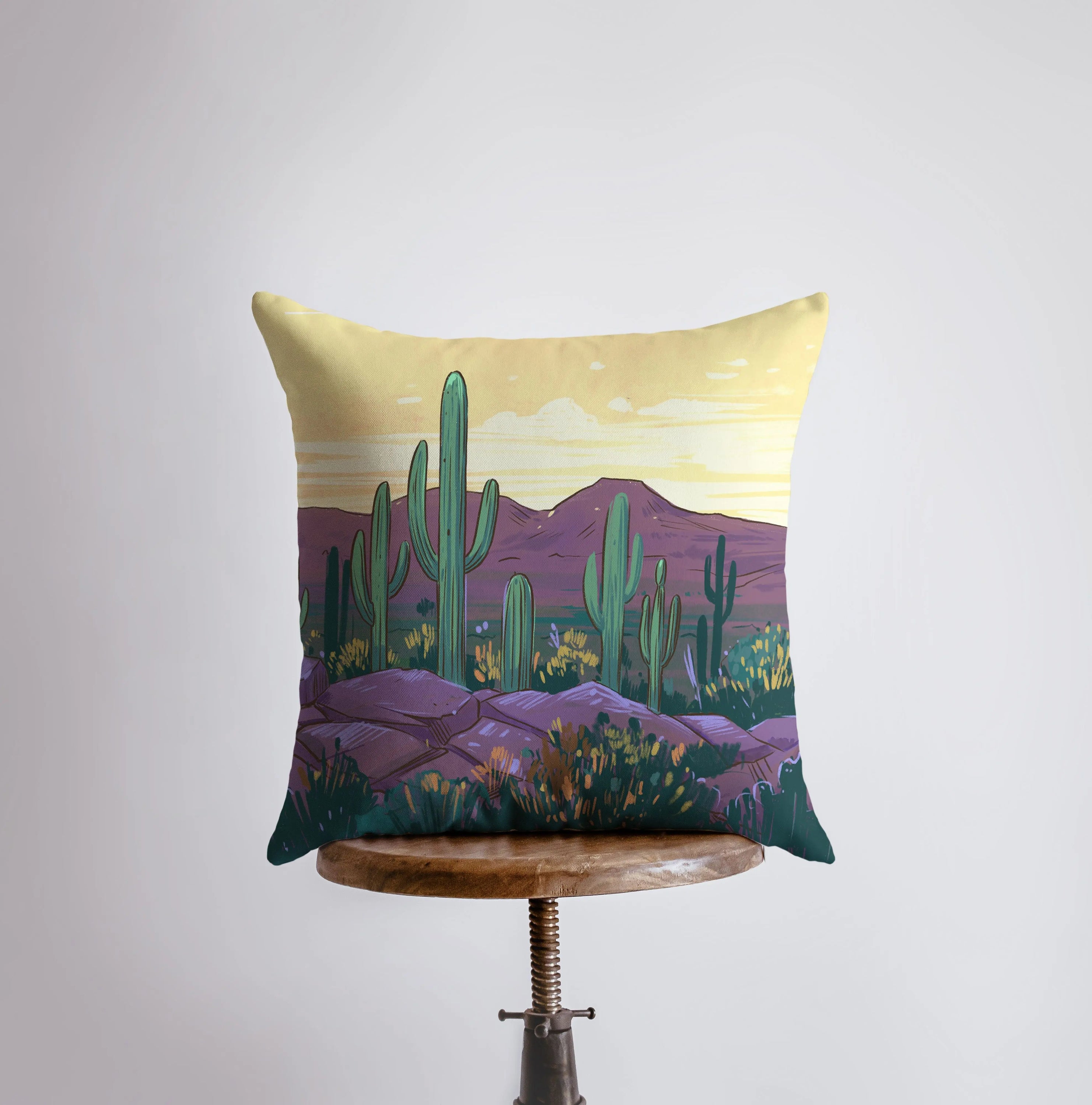 Arizona landscape pillow showcasing sunrise and sunset scenes, perfect for desert-themed decor.