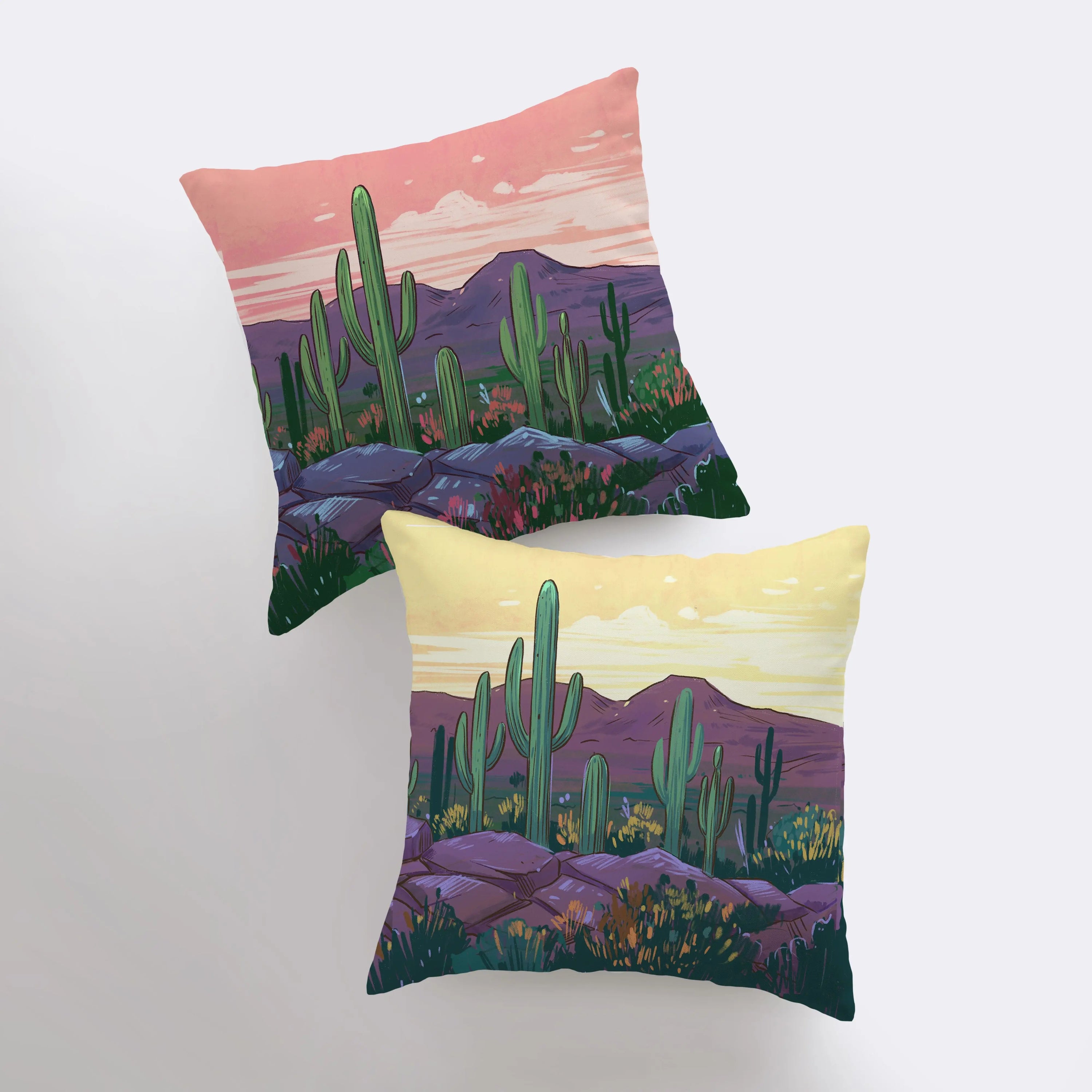 Arizona landscape pillow showcasing sunrise and sunset scenes, perfect for desert-themed decor.