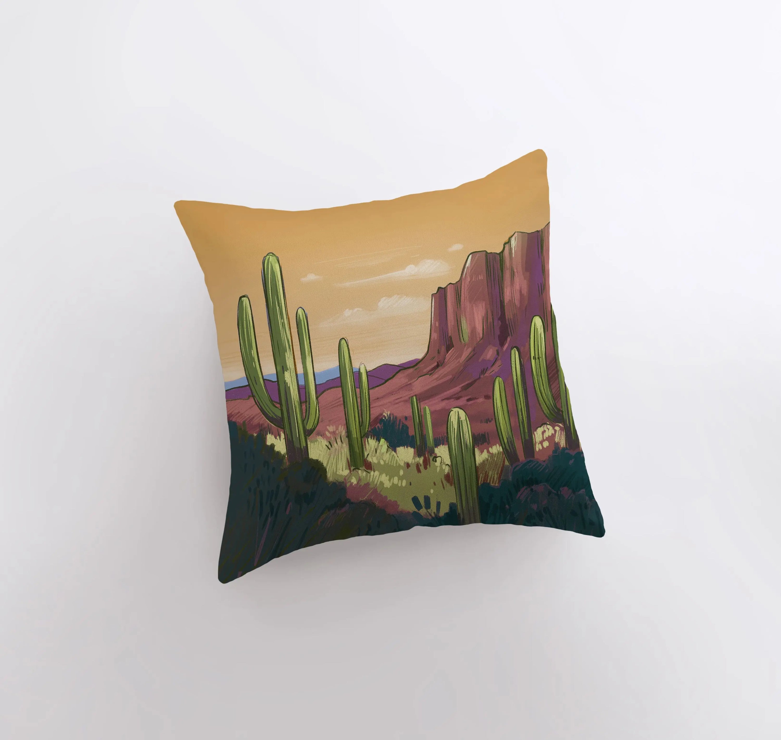 Arizona Sunrise and Purple Sunset pillow showcasing vibrant desert landscape art with cacti, featuring a double-sided design.
