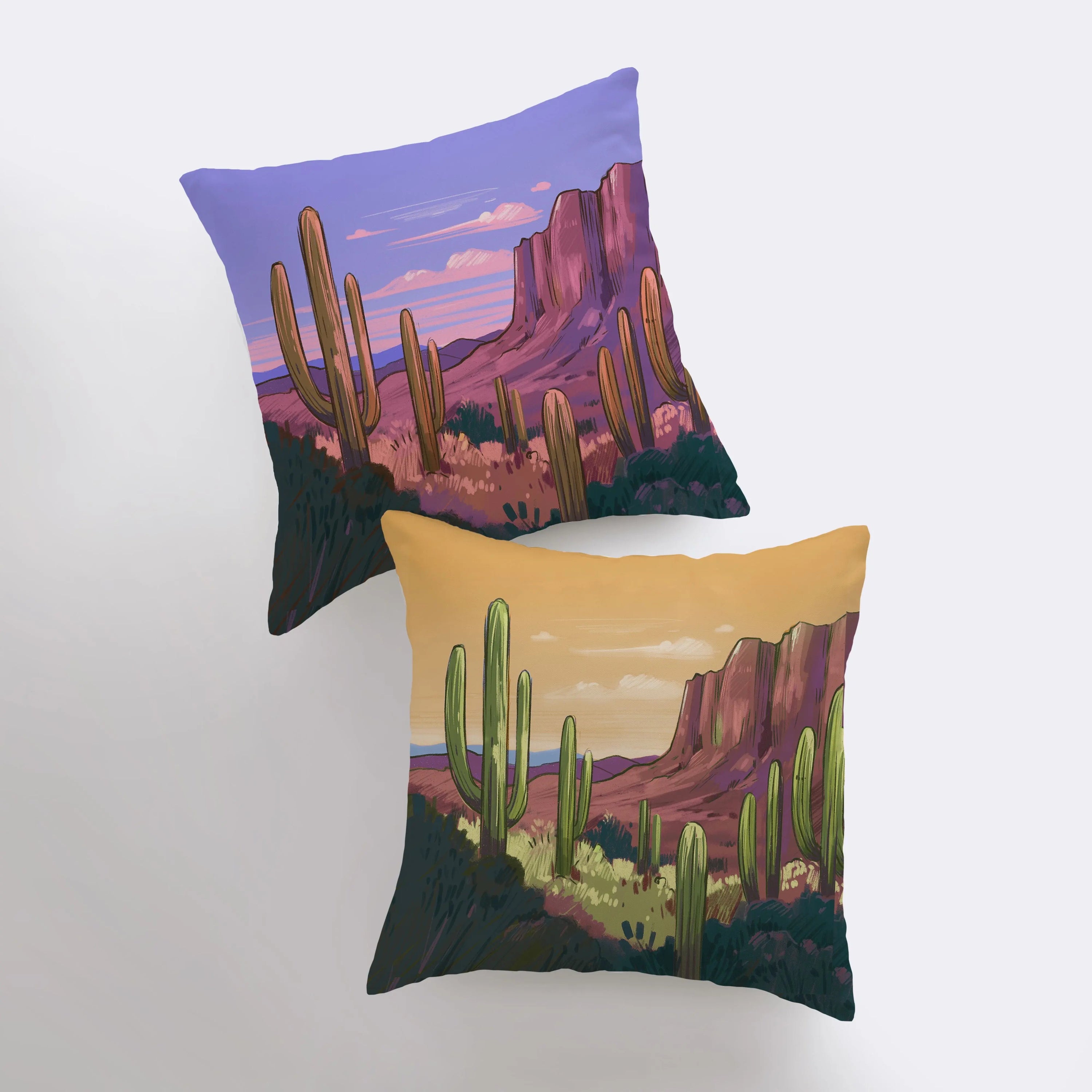 Arizona Sunrise and Purple Sunset pillow showcasing vibrant desert landscape art with cacti, featuring a double-sided design.