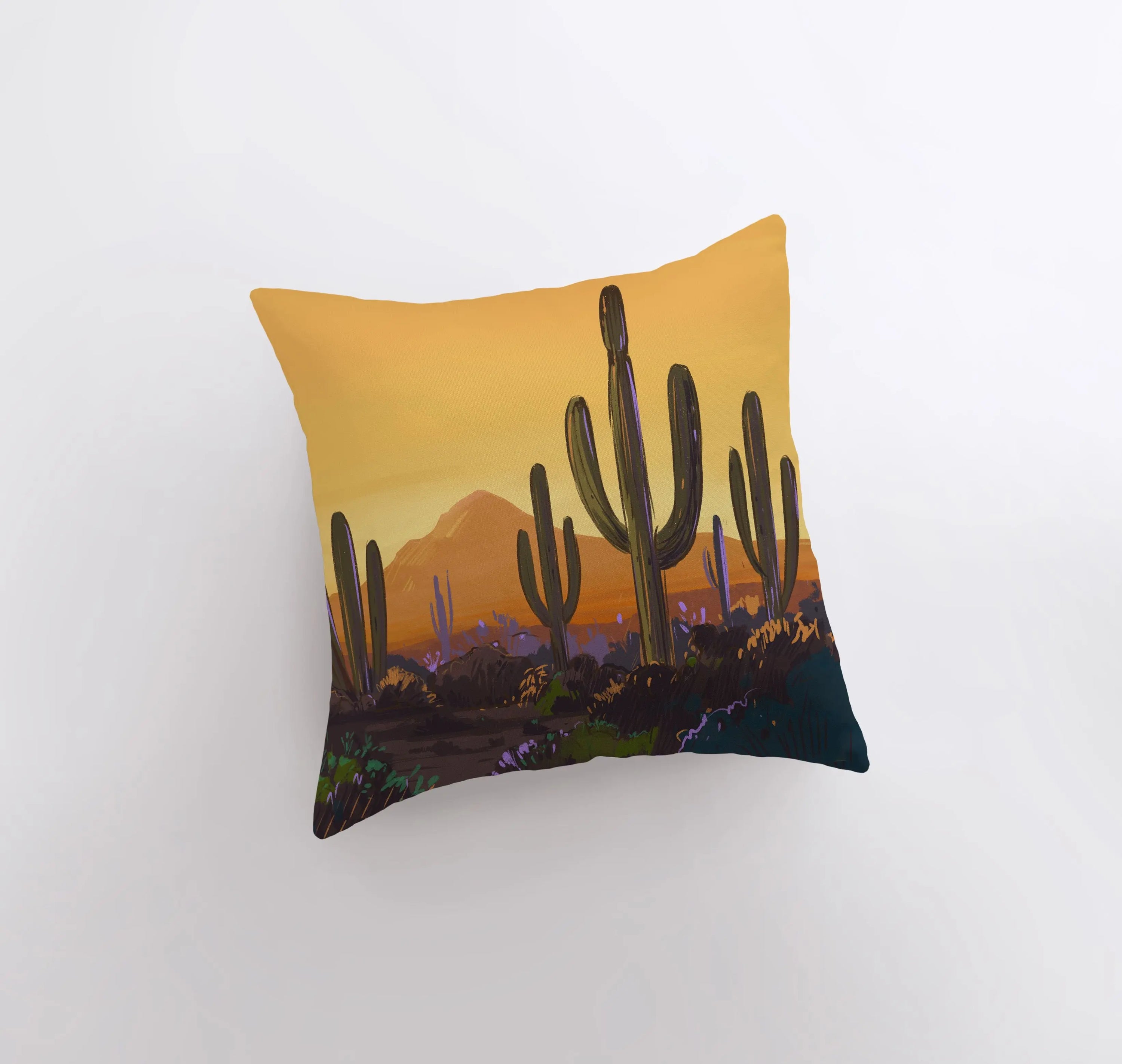 Arizona landscape pillow featuring sunrise and sunset scenes, showcasing vibrant colors and a cozy design.