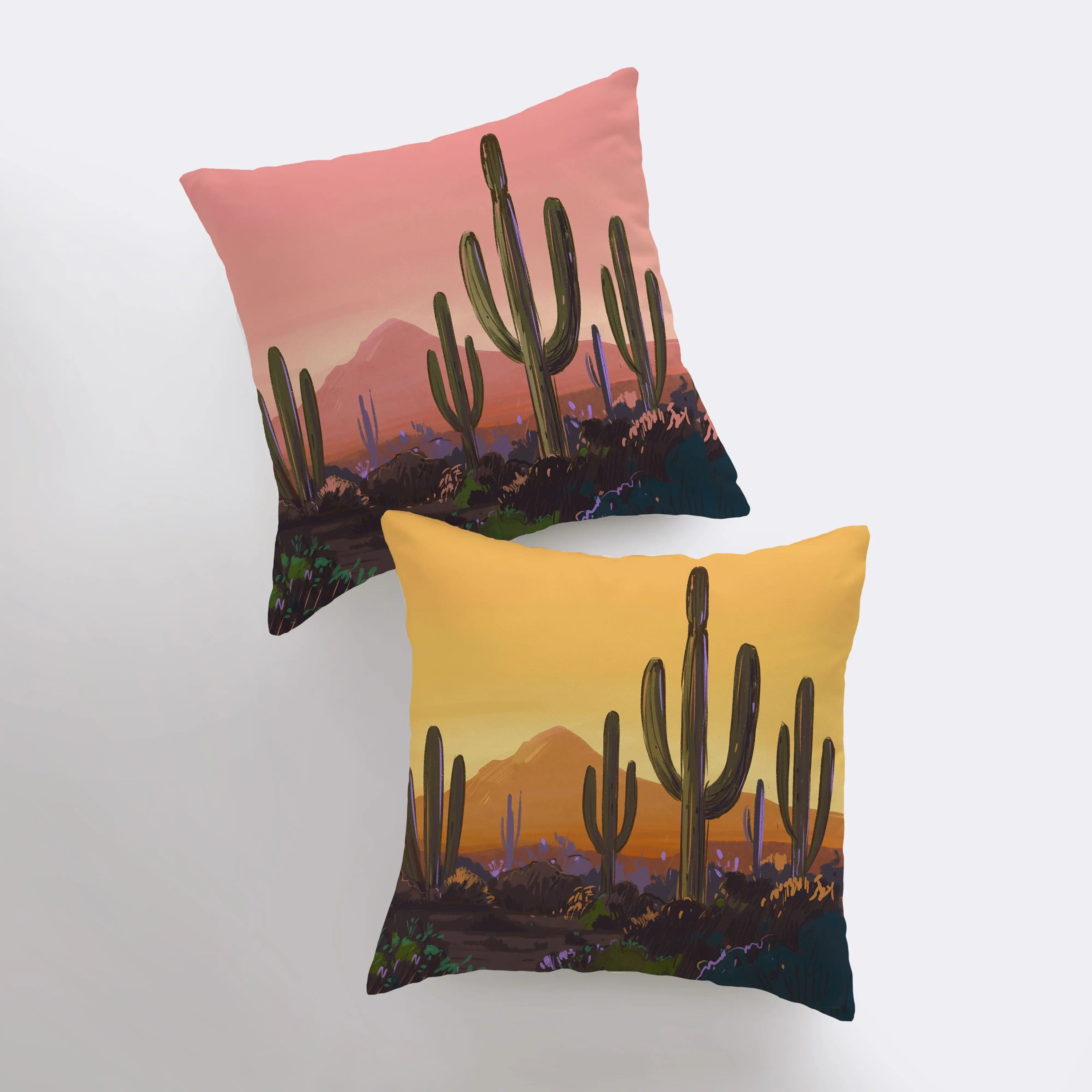 Arizona landscape pillow featuring sunrise and sunset scenes, showcasing vibrant colors and a cozy design.