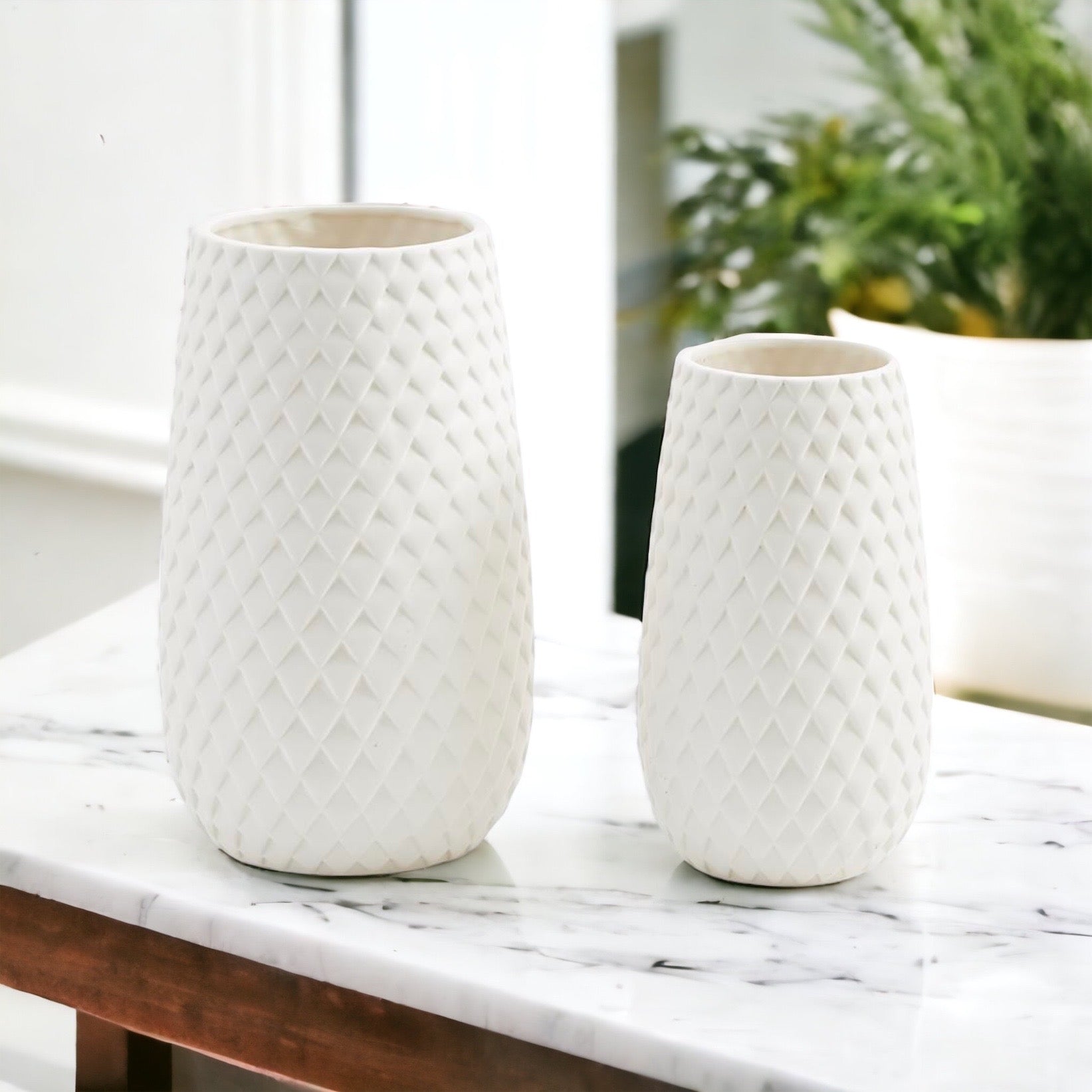 Ceramic Diamond Weave White Vase showcasing a unique diamond pattern, perfect for floral arrangements.
