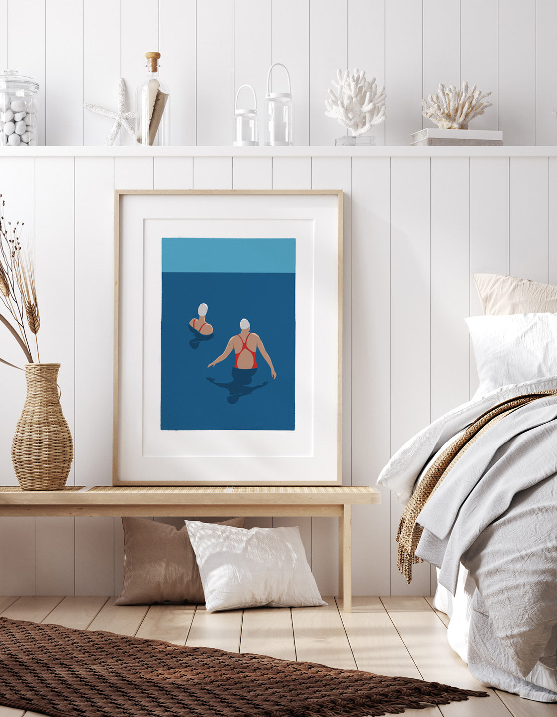 A vibrant art print titled 'Dip in the Sea', showcasing bold colors and minimalistic design, perfect for wild swimmers.