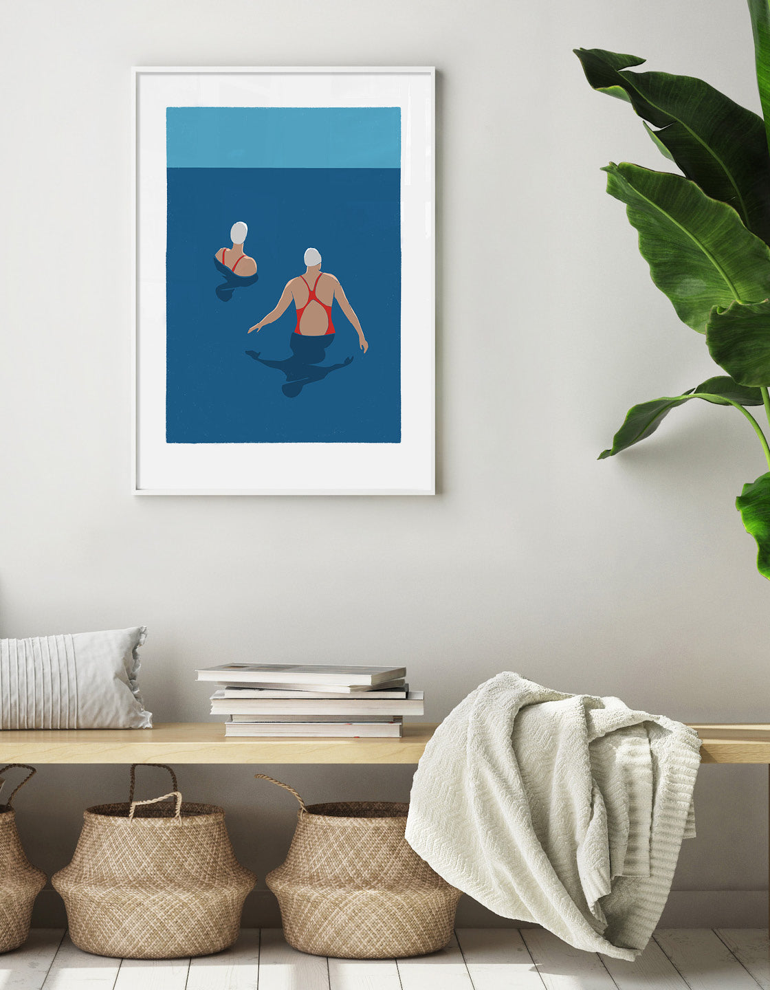 A vibrant art print titled 'Dip in the Sea', showcasing bold colors and minimalistic design, perfect for wild swimmers.