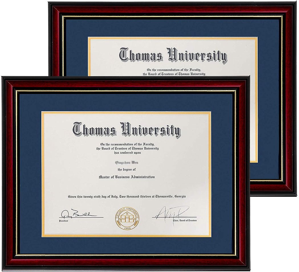 Elegant diploma frame made of real wood and glass with a golden rim, designed for 8.5x11 inch diplomas, featuring double matting and versatile display options.