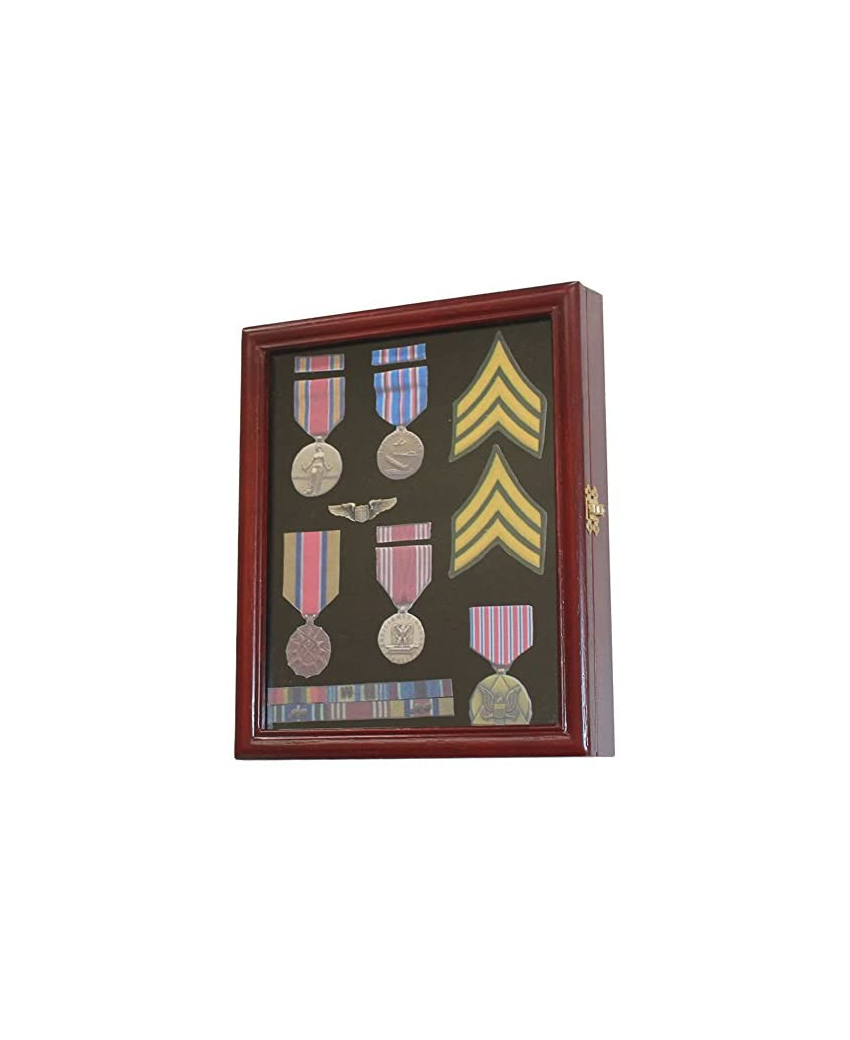 Elegant cherry finish display case cabinet shadow box for military medals, pins, and patches with lockable glass door.
